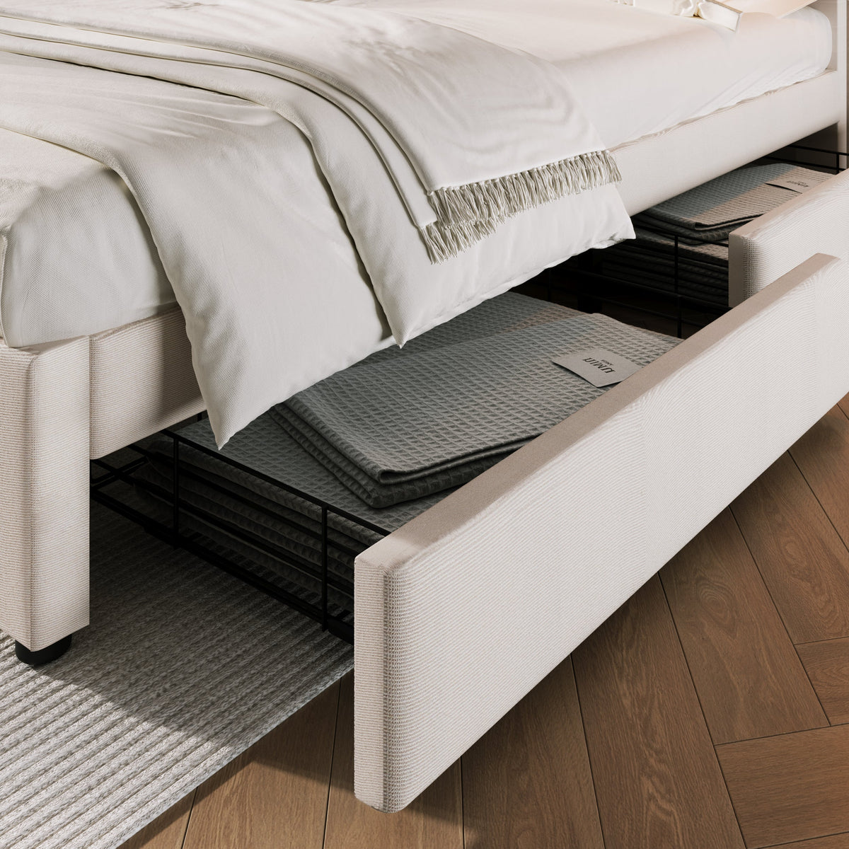 Double Bed 4 Drawers USB C Socket Adjustable Headboard Upholstered 140x200cm