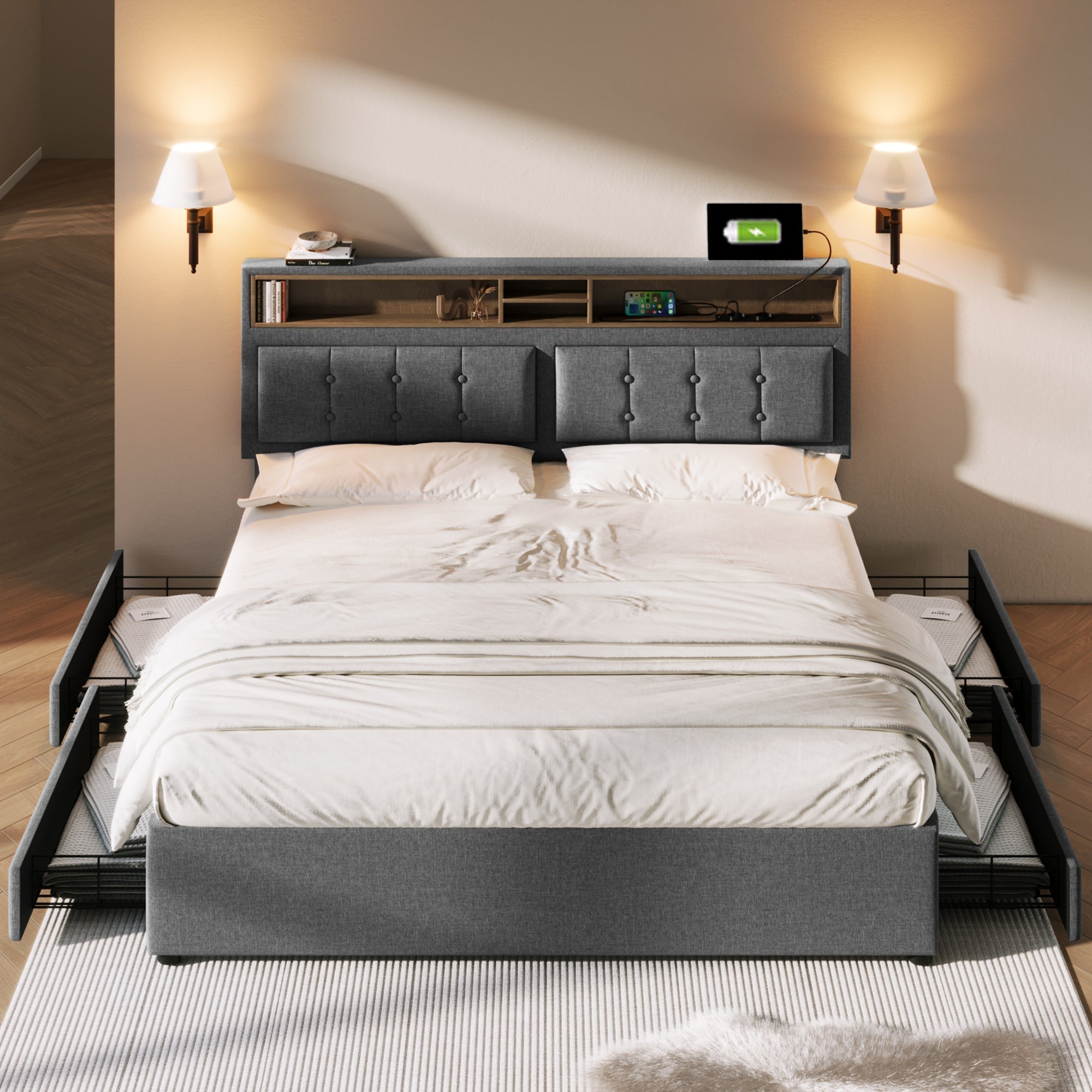 Double Bed, 4 Drawers, USB-C, Adjustable Headboard, Wooden Slats, Upholstered