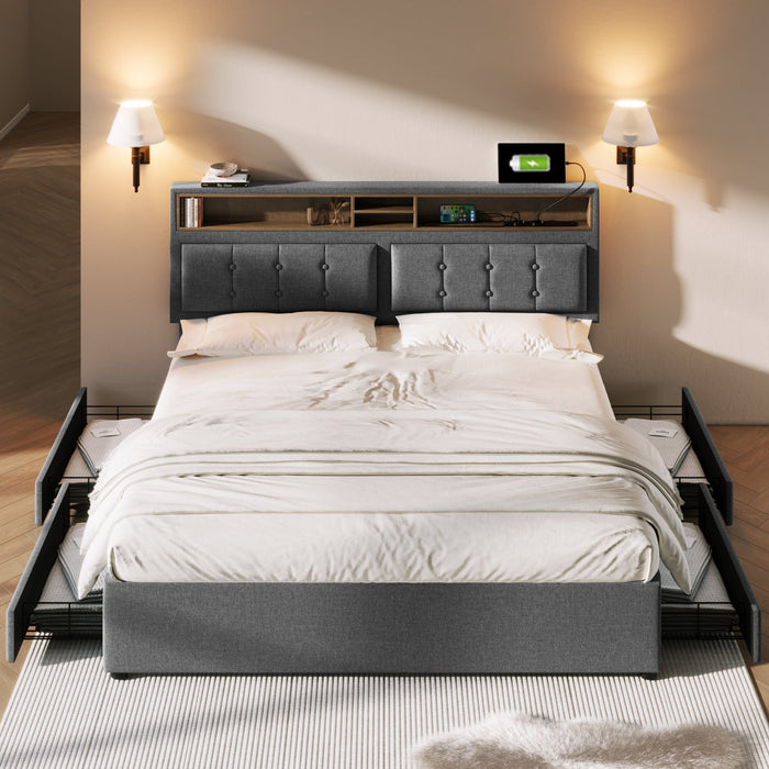 Double Bed, 4 Drawers, USB-C, Adjustable Headboard, Wooden Slats, Upholstered
