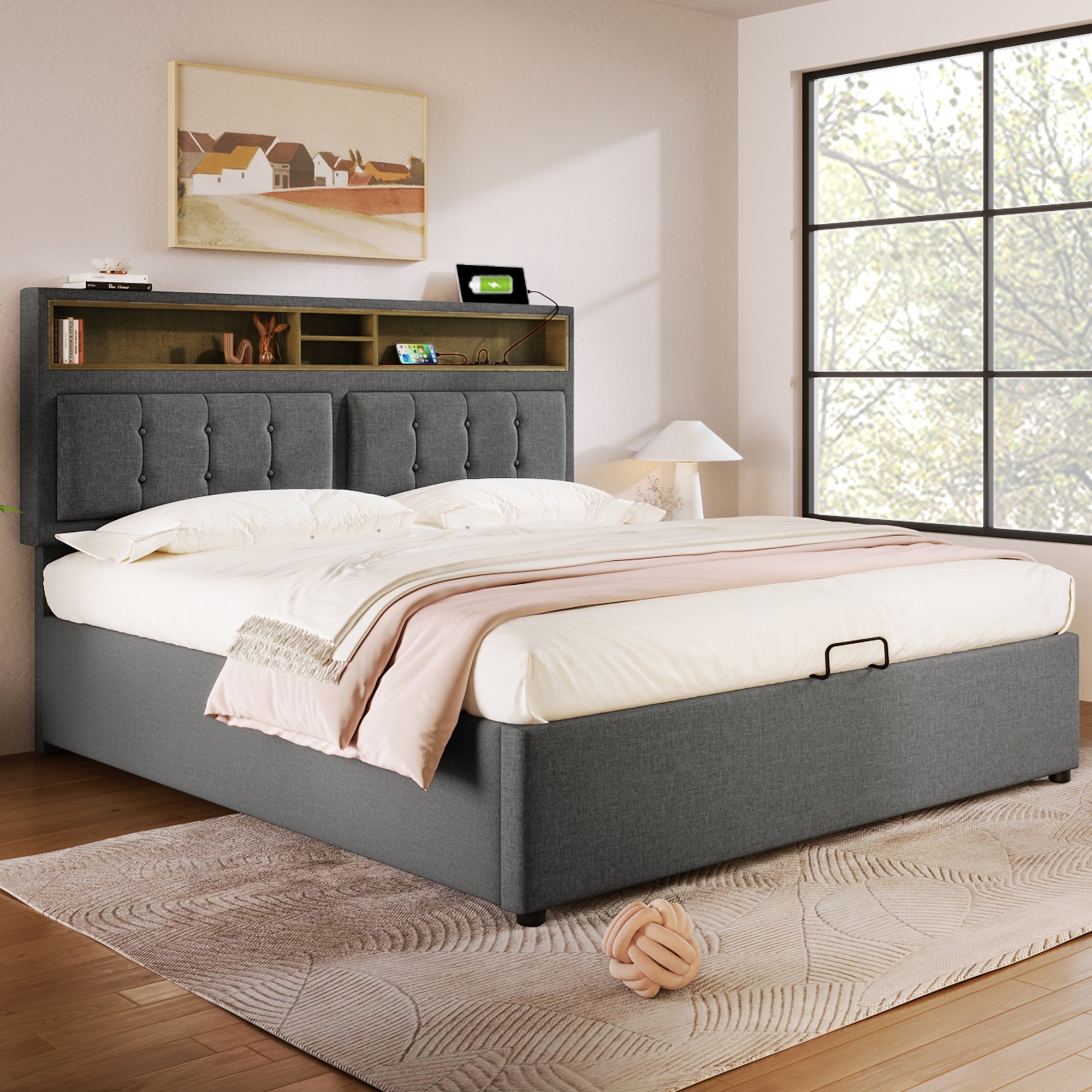 Upholstered Double Bed, USB C Headboard Storage, Linen