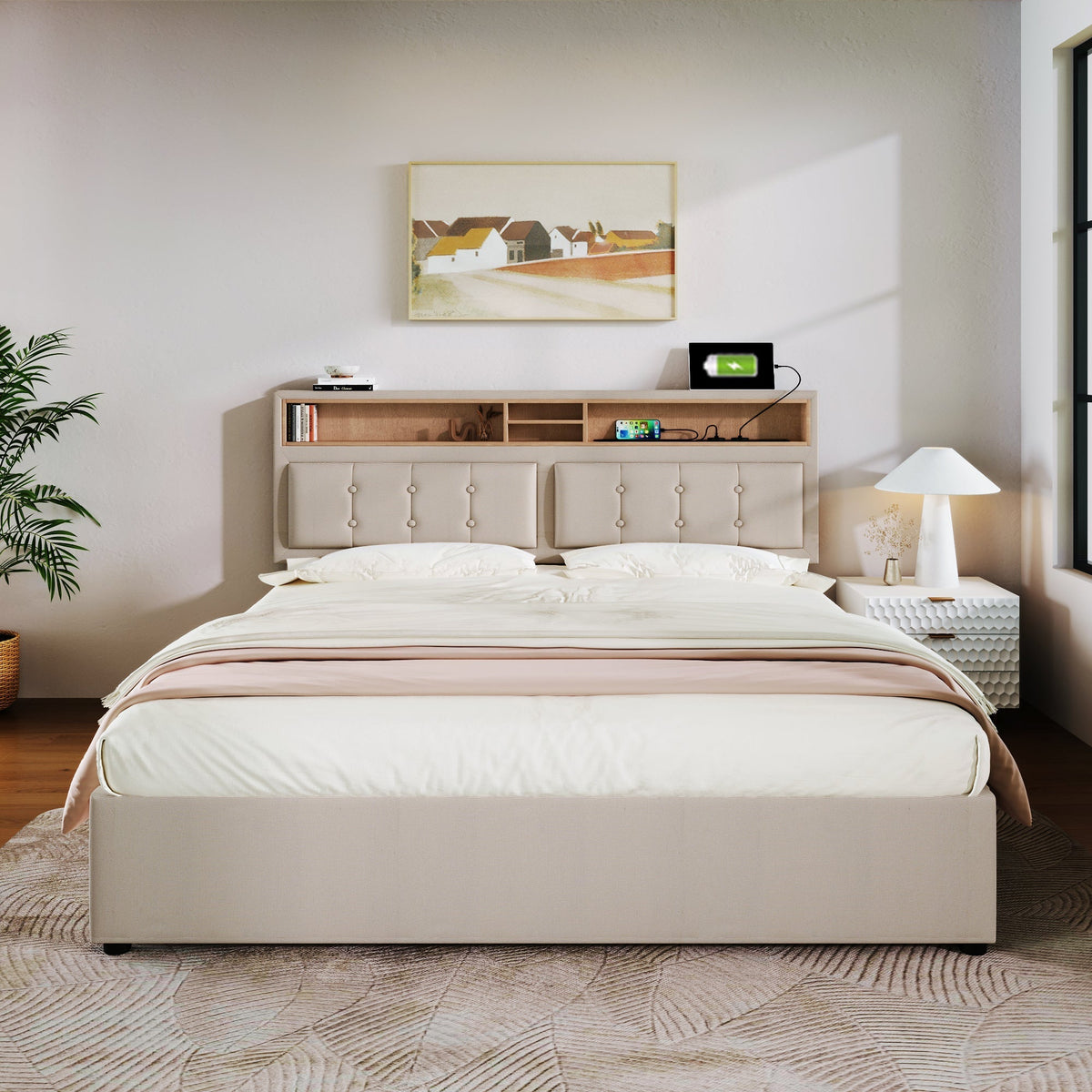 Double Bed with 4 Drawers, USB C, Adjustable Headboard, 140x200cm Wooden Slatted Frame