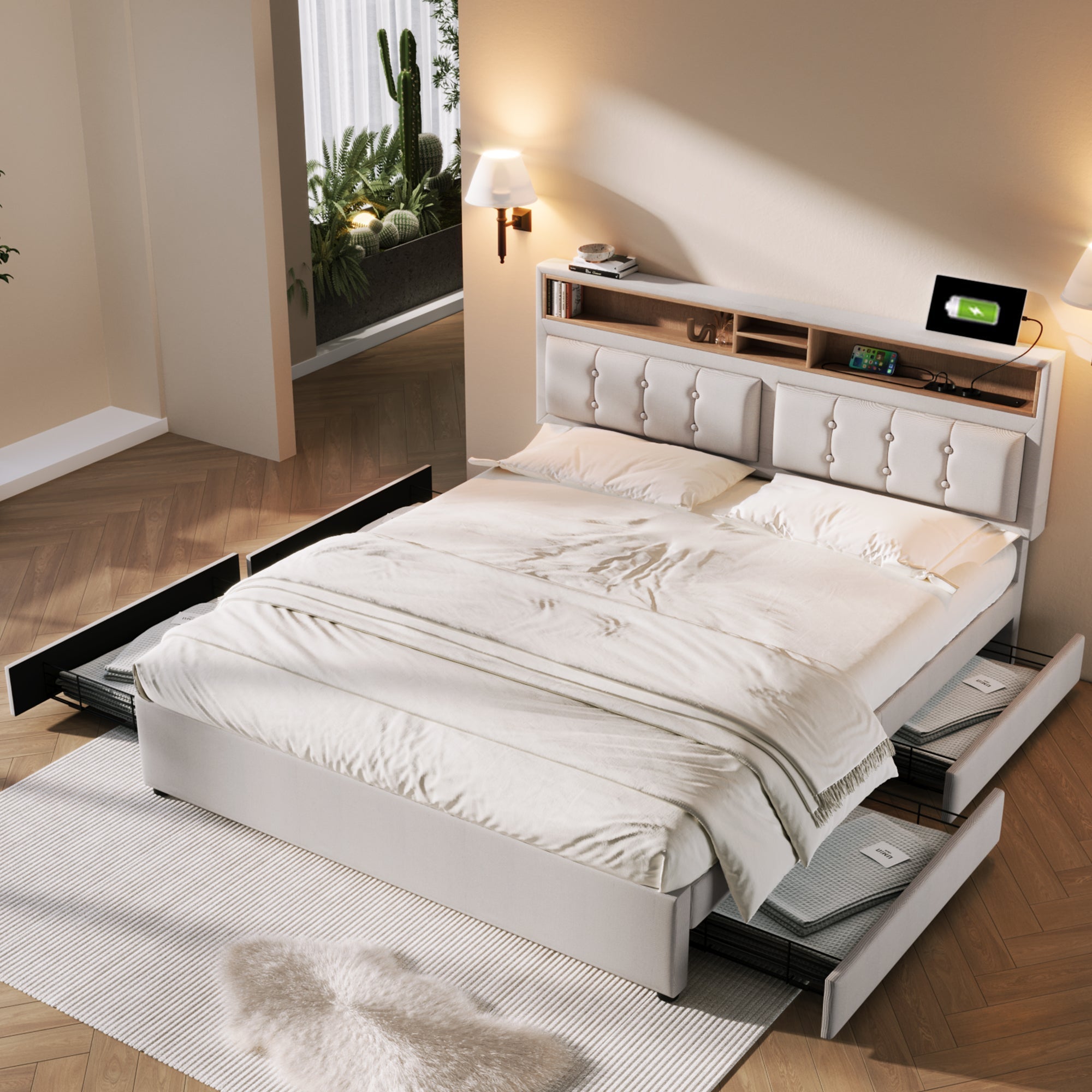 Double Bed with 4 Drawers & USB C Socket, 160x200cm, Adjustable Headboard, Wooden Slatted Frame, Upholstered