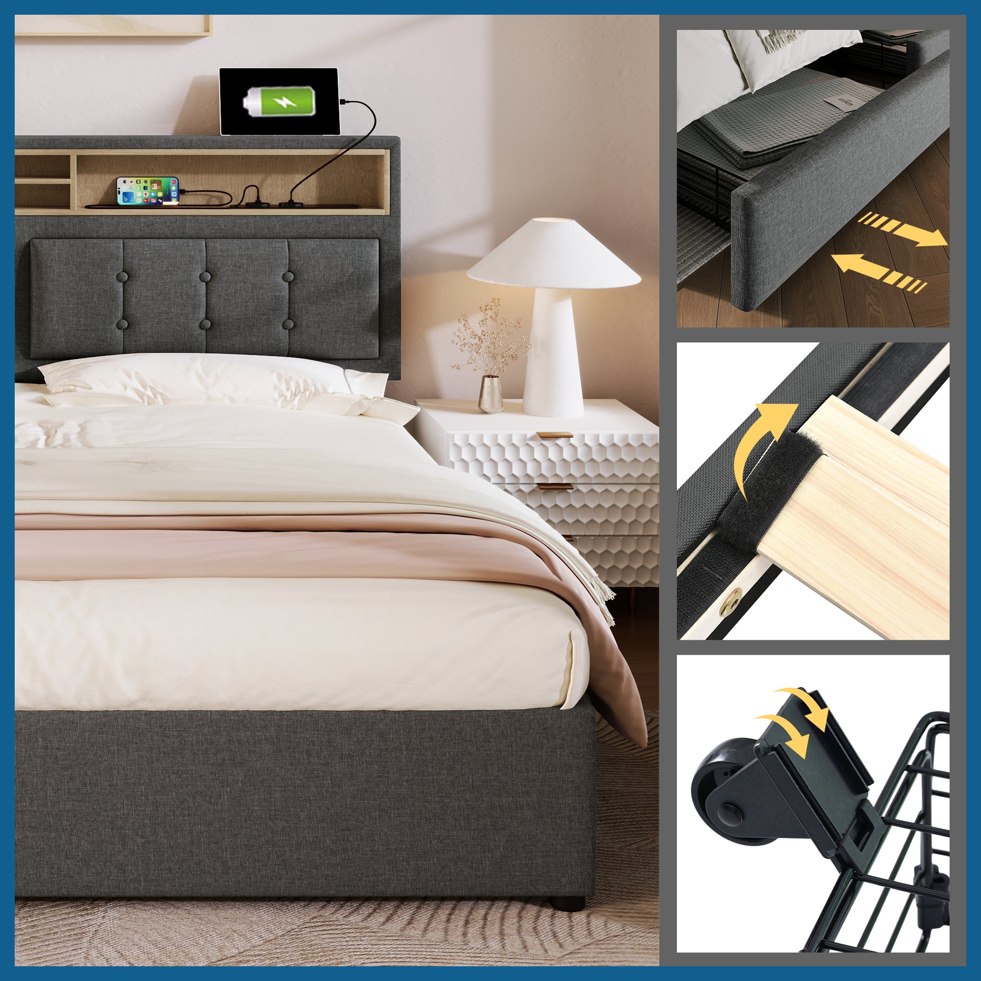 Double Bed with 4 Drawers & USB C Socket, 140x200cm Upholstered, Wooden Slatted Frame