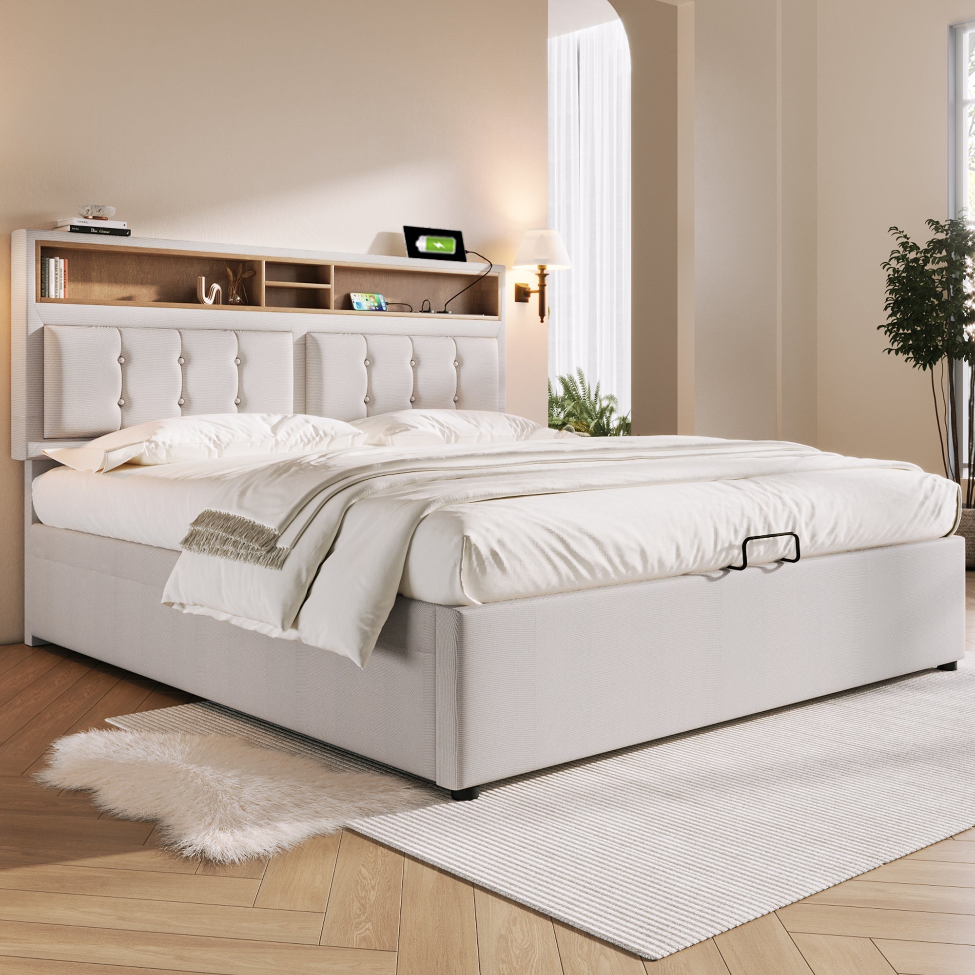 Upholstered Double Bed 140x200 USB-C Charging Storage Linen Material