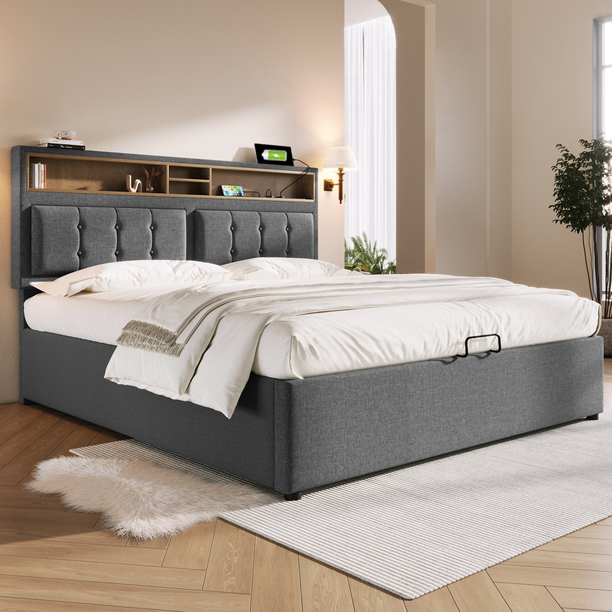 Upholstered Double Bed with USB C, Storage & Slatted Frame, Linen