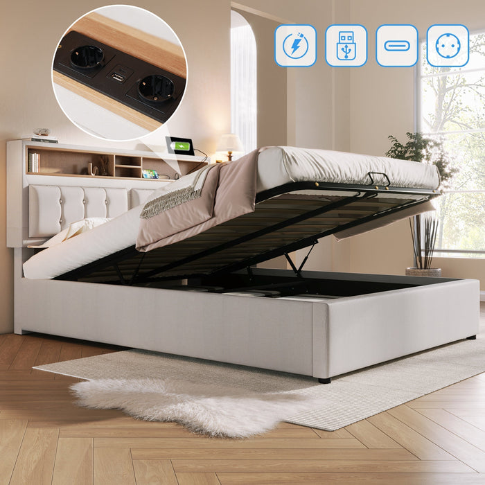 Upholstered Double Bed 140x200 USB-C Charging Storage Linen Material