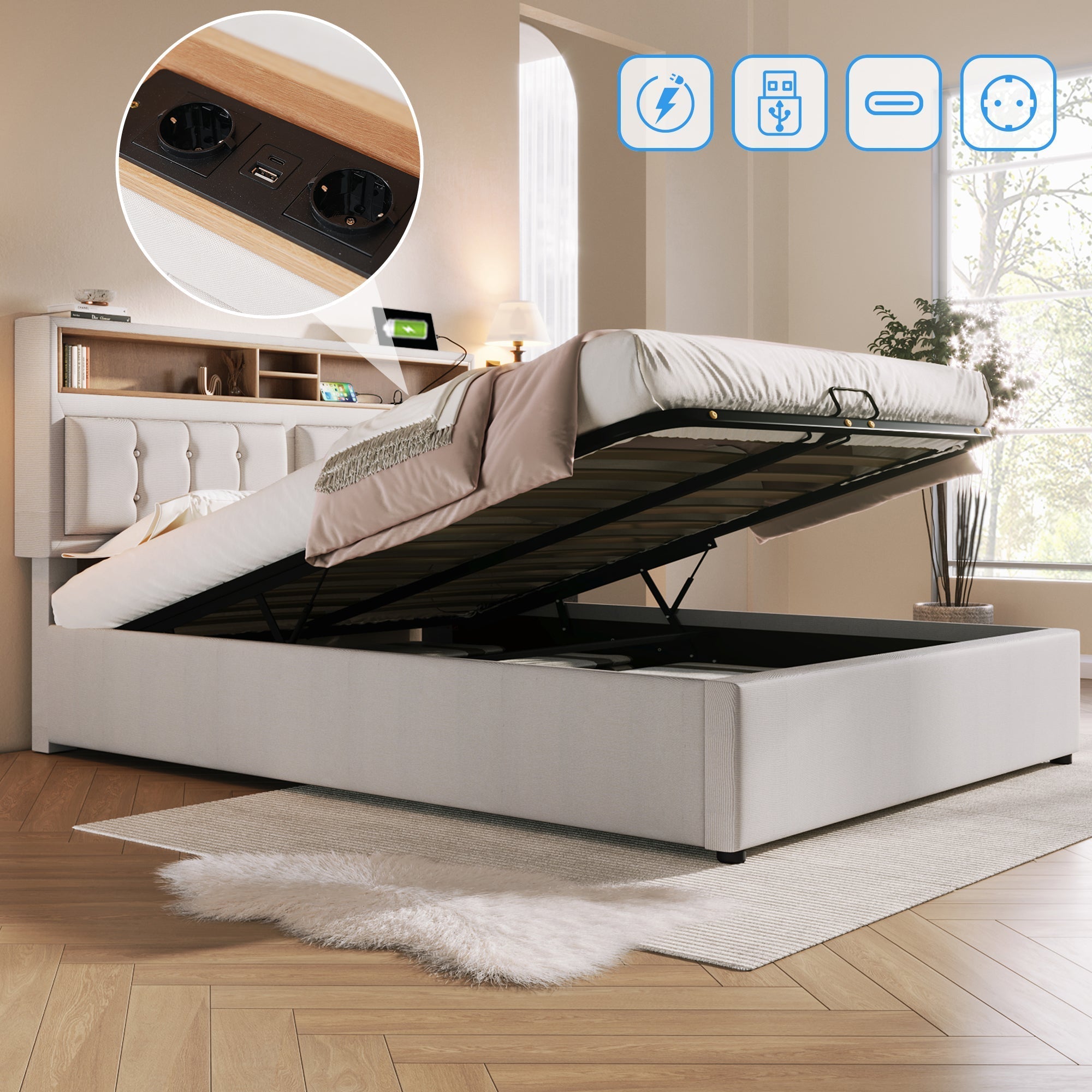 Upholstered Double Bed, USB-C Charging Headboard Storage 140x200, Linen Material