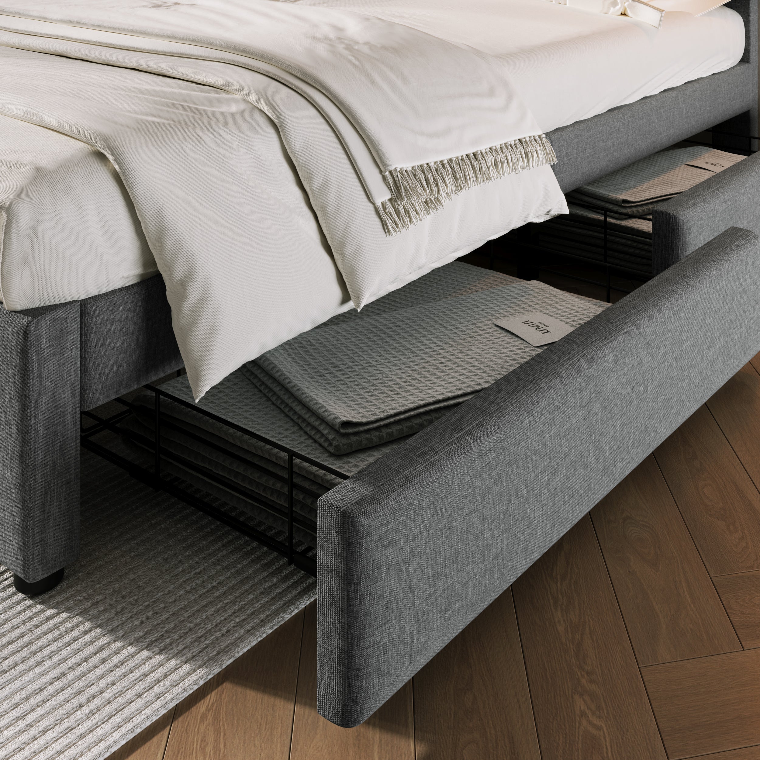Double Bed, 4 Drawers, USB-C, Adjustable Headboard, Wooden Slats, Upholstered