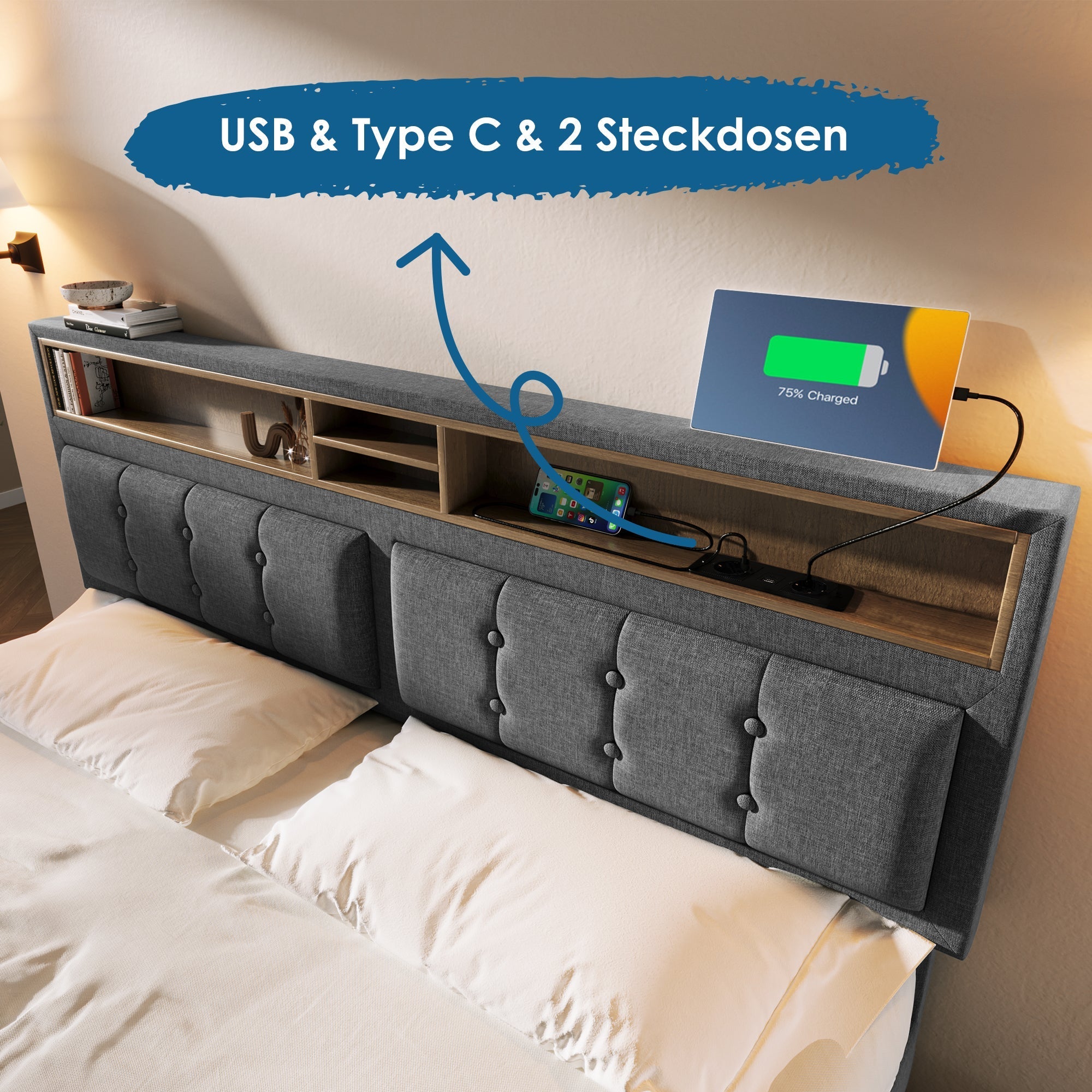 Double Bed, 4 Drawers, USB-C, Adjustable Headboard, Wooden Slats, Upholstered