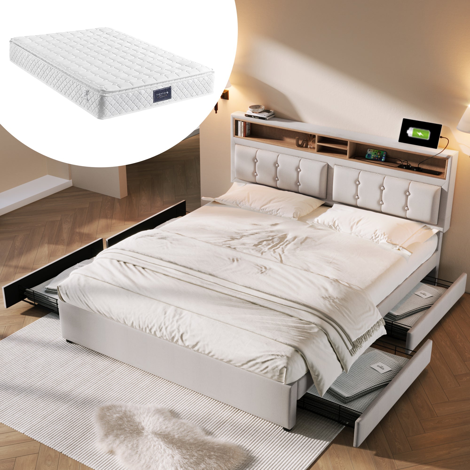 Double Bed, 4 Drawers USB C, Upholstered Adjustable Headboard, Wood