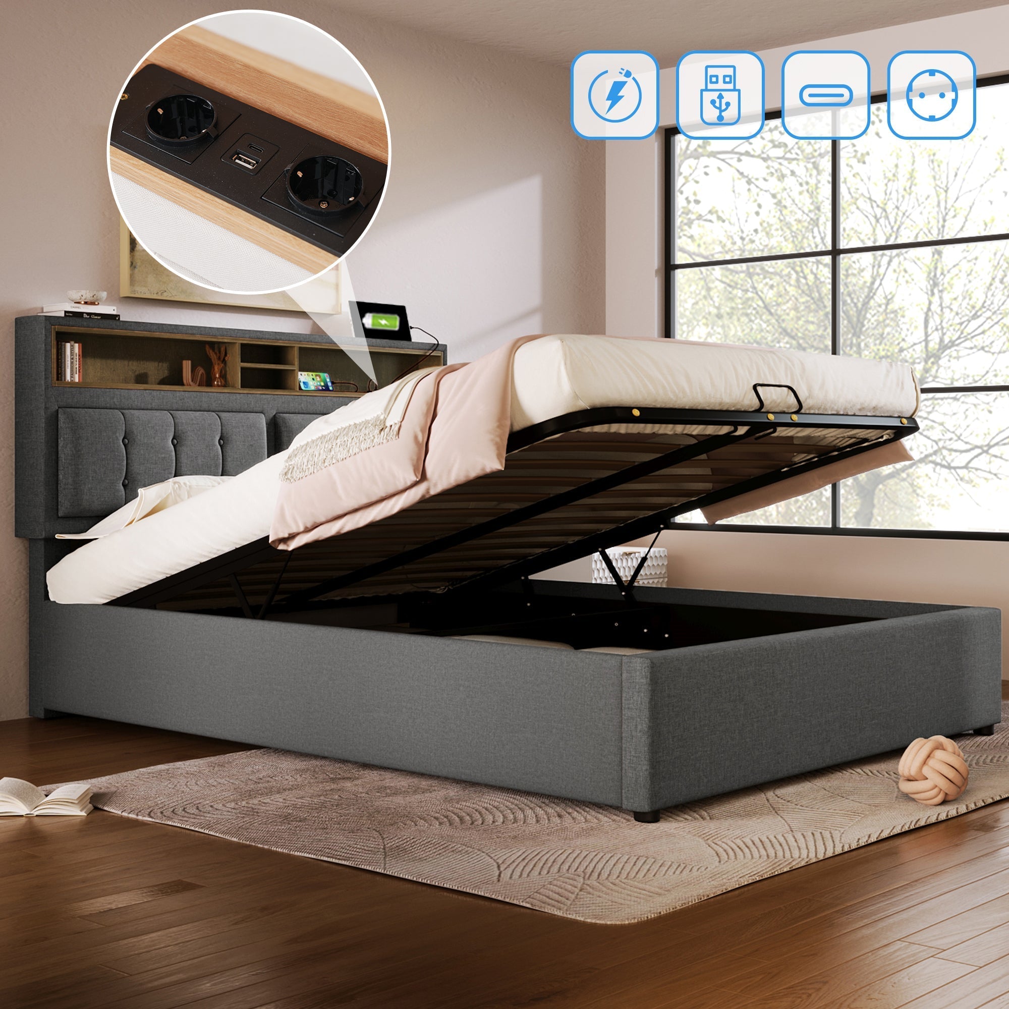 Upholstered Double Bed 160x200 with USB-C, Headboard & Storage, Linen Material