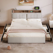 Double Bed with 4 Drawers & USB C Socket, 160x200cm, Adjustable Headboard, Wooden Slatted Frame, Upholstered