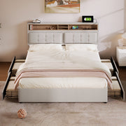 Double Bed with 4 Drawers, USB C, Adjustable Headboard, 140x200cm Wooden Slatted Frame