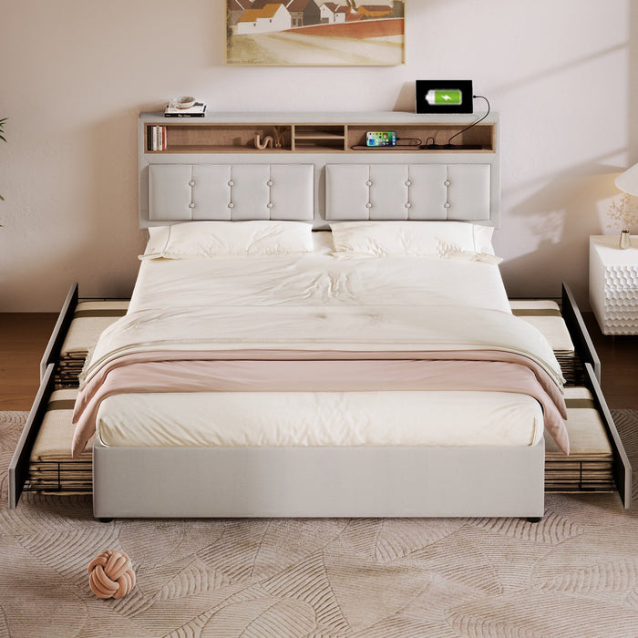 Double Bed with 4 Drawers, USB C, Adjustable Headboard, 140x200cm Wooden Slatted Frame