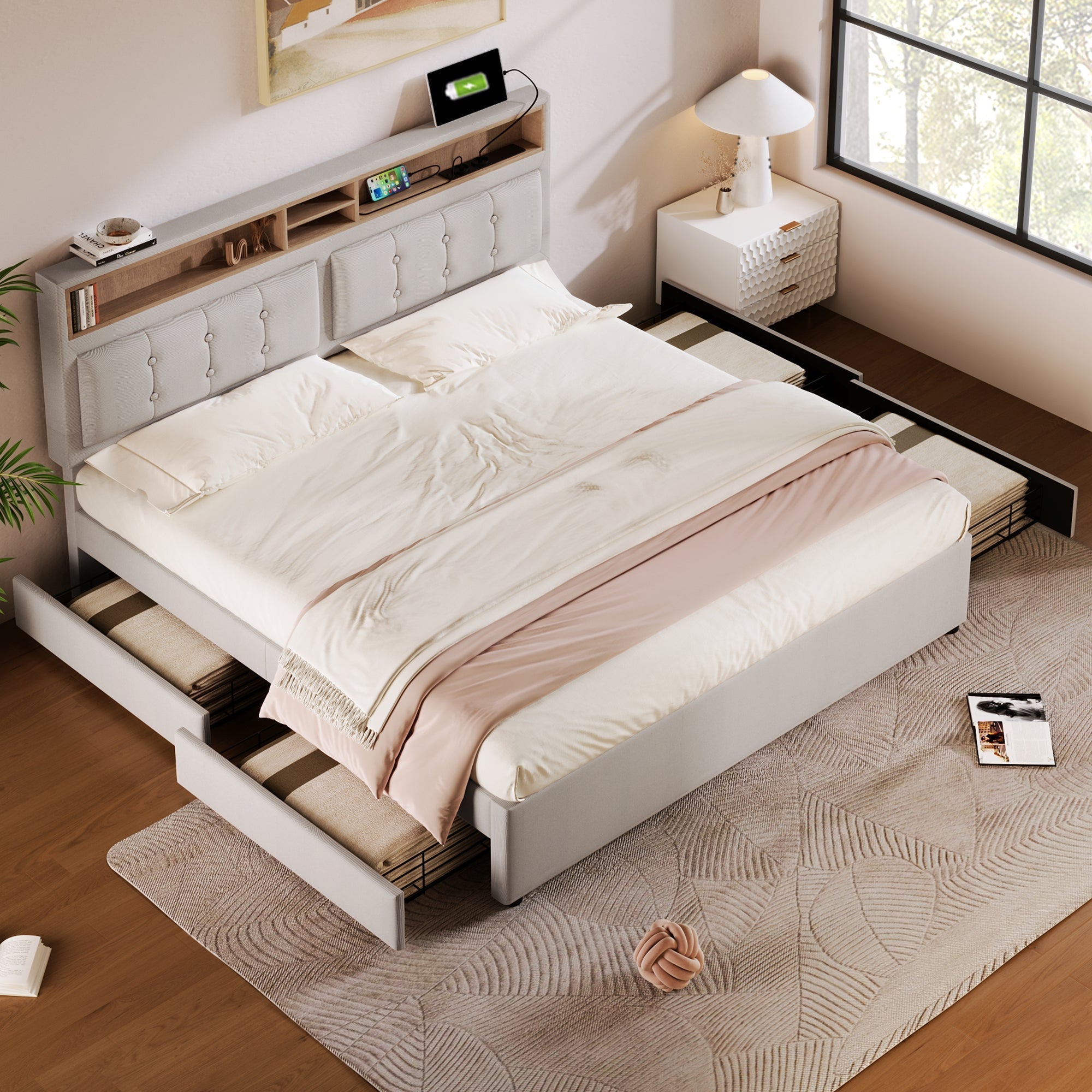 Double Bed with 4 Drawers, USB C, Adjustable Headboard, 140x200cm Wooden Slatted Frame