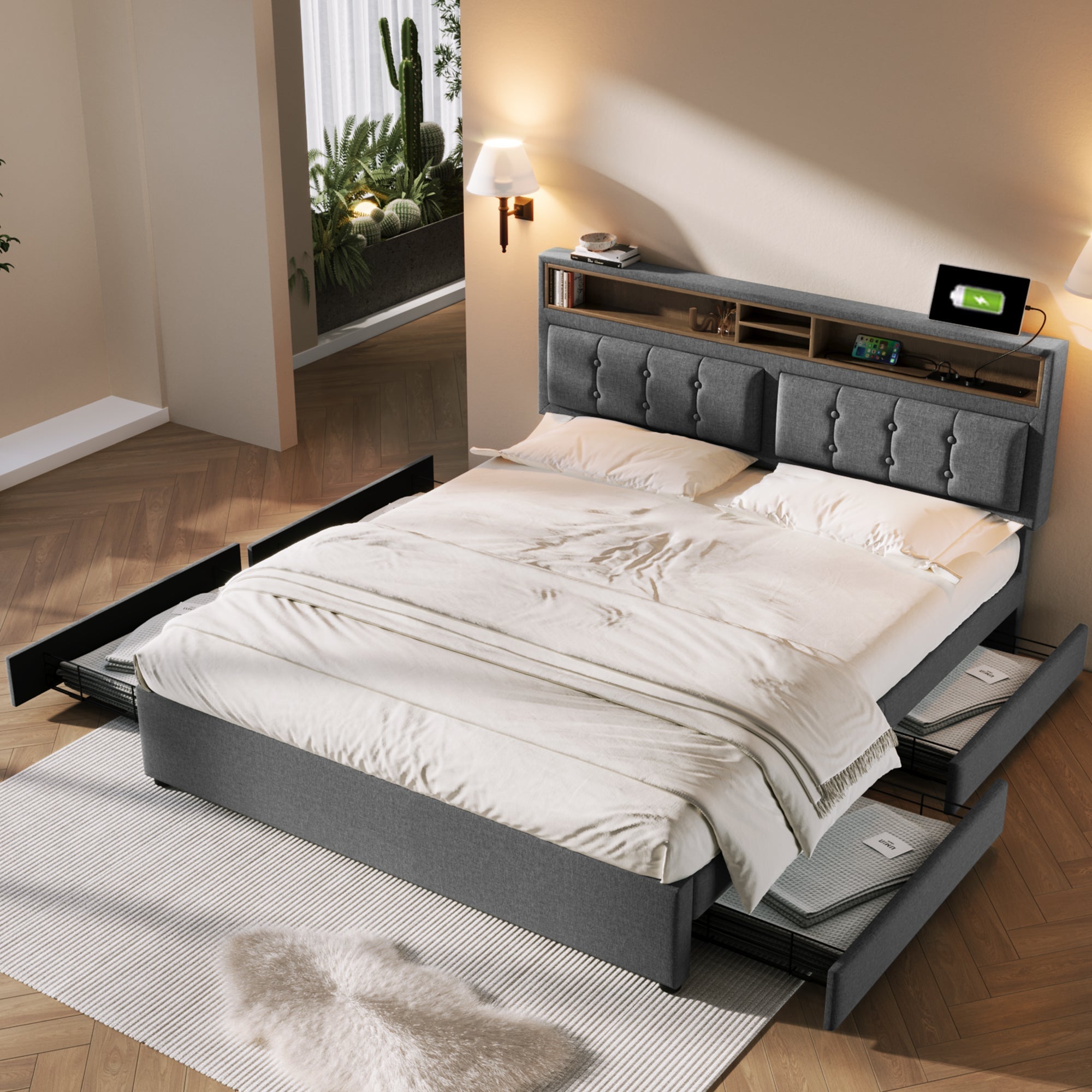 Double Bed, 4 Drawers, USB-C, Adjustable Headboard, Wooden Slats, Upholstered