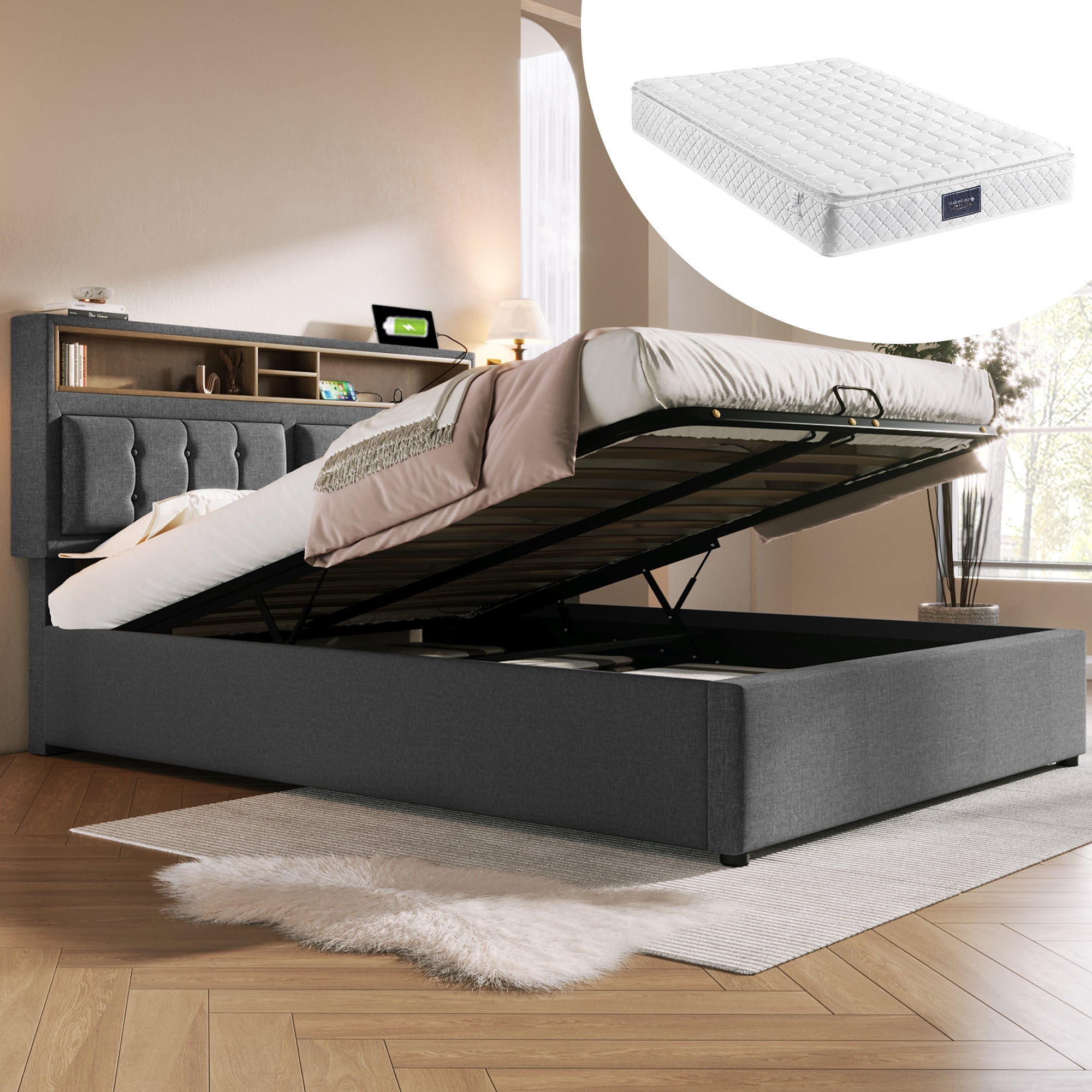 Upholstered Double Bed 160x200 with USB-C, Headboard & Storage, Linen Material