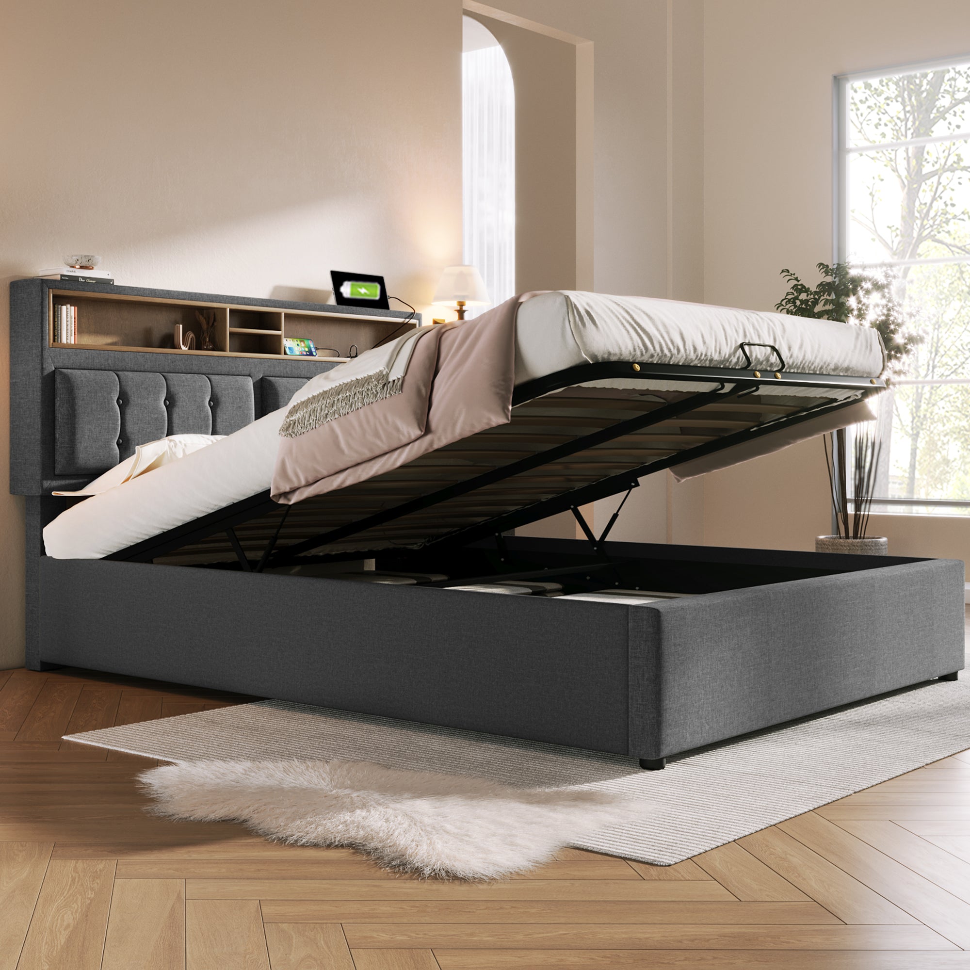 Upholstered Double Bed, USB C Headboard Storage, Linen