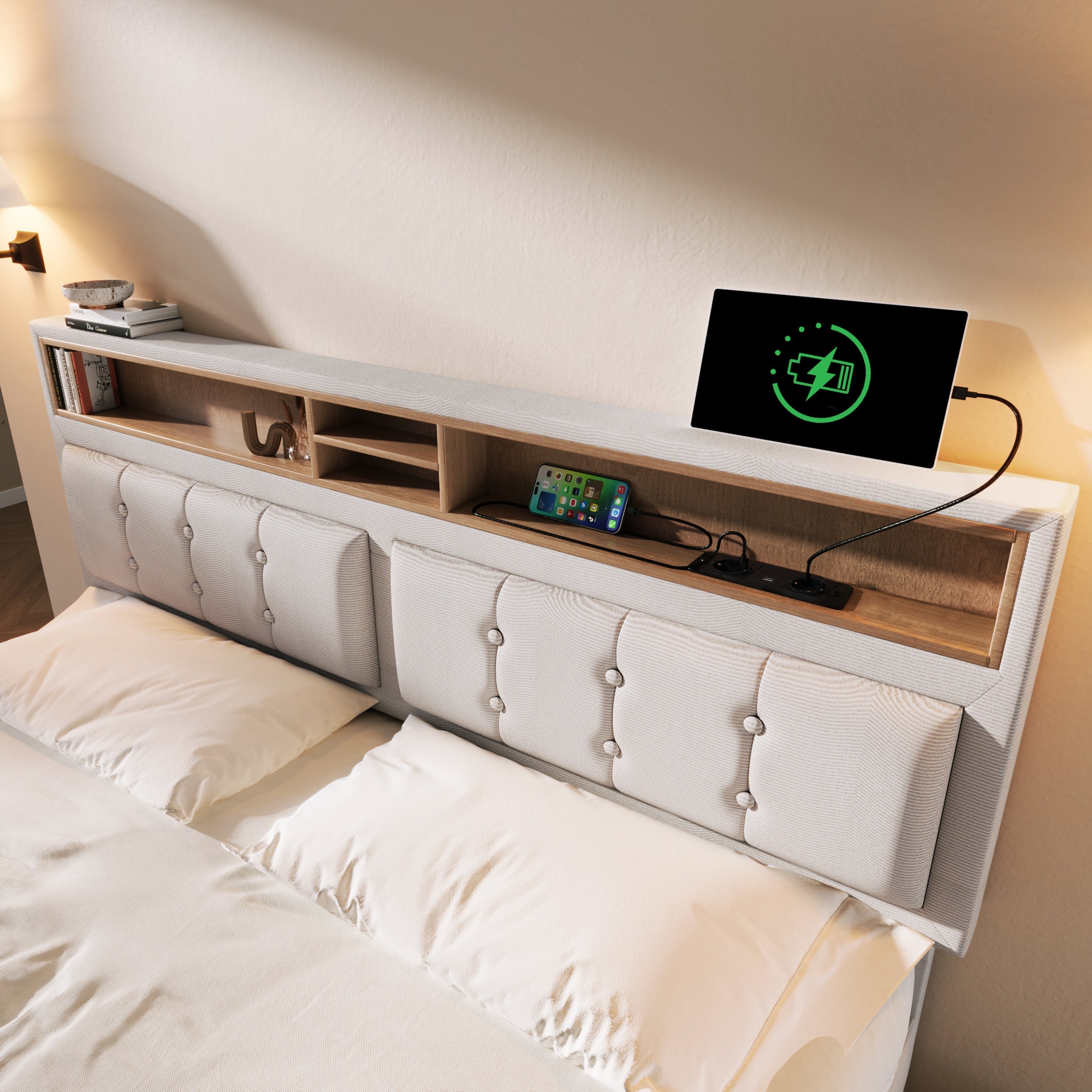 Double Bed with 4 Drawers, USB C, Adjustable Headboard, 140x200cm Wooden Slatted Frame
