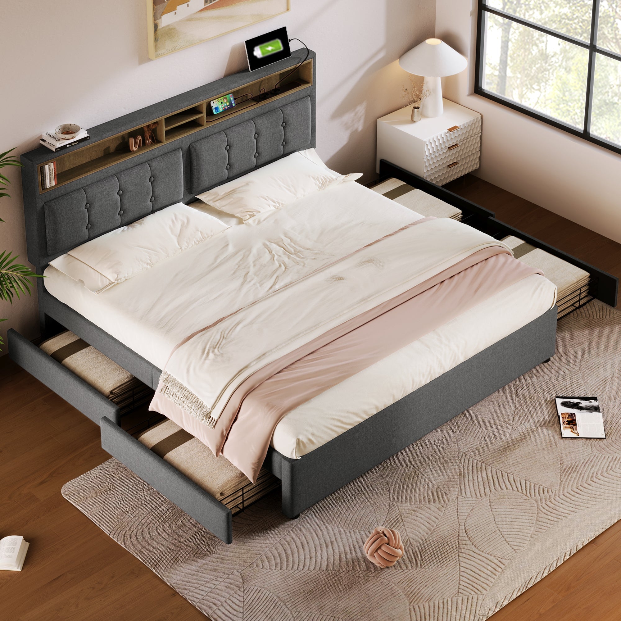 Double Bed with 4 Drawers & USB C Socket, 140x200cm Upholstered, Wooden Slatted Frame