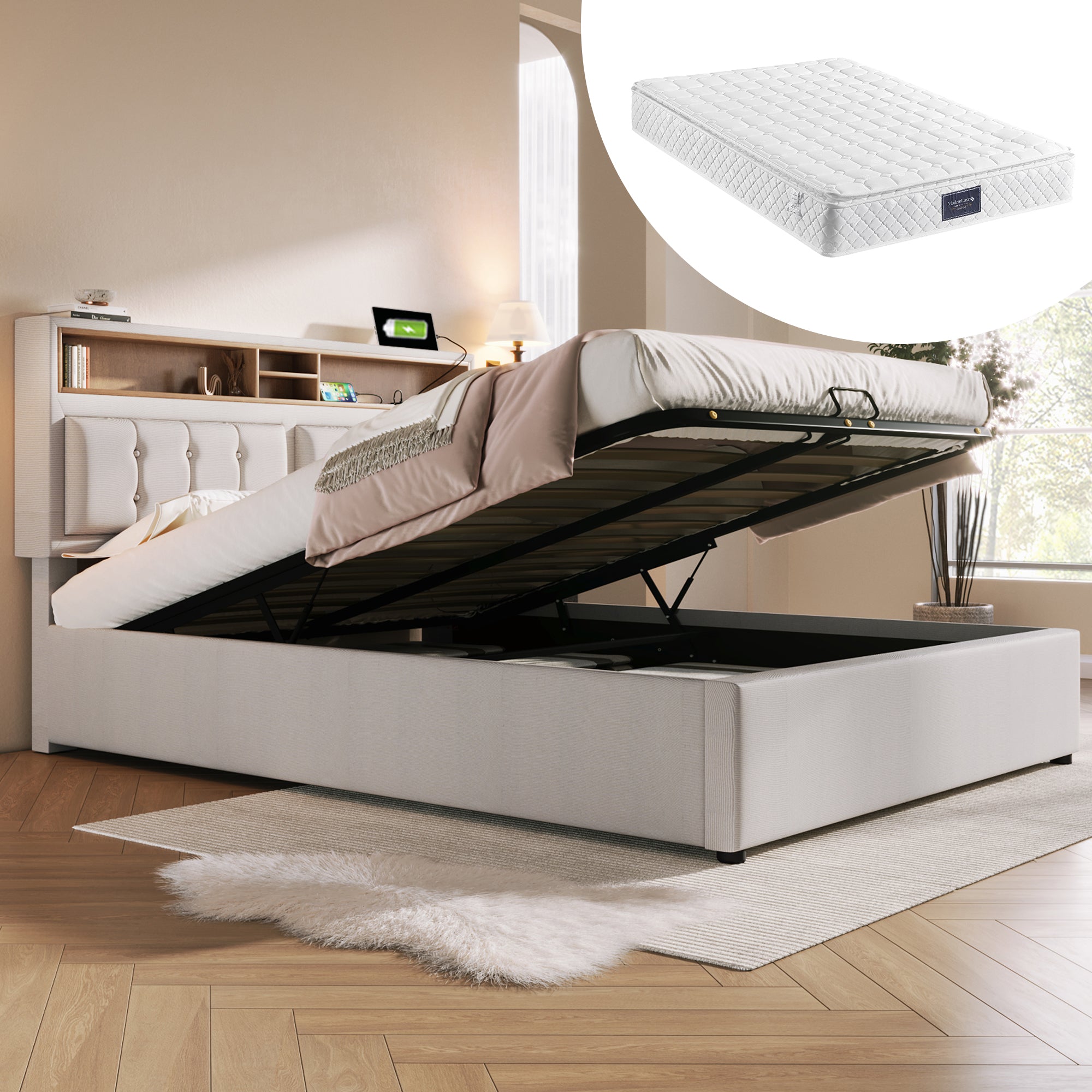 Upholstered Double Bed 160x200 USB-C Storage Headboard Linen Material