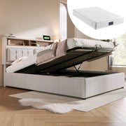 Upholstered Double Bed, USB-C Charging Headboard Storage 140x200, Linen Material