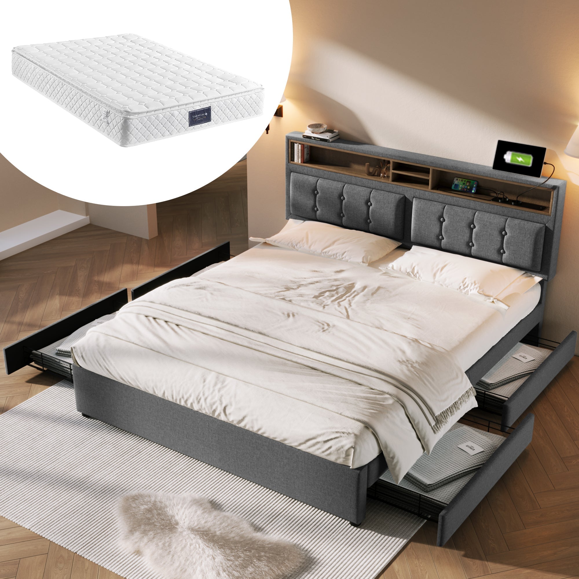 Double Bed with 4 Drawers & USB C Socket, 160x200cm, Adjustable Headboard, Wooden Slatted Frame