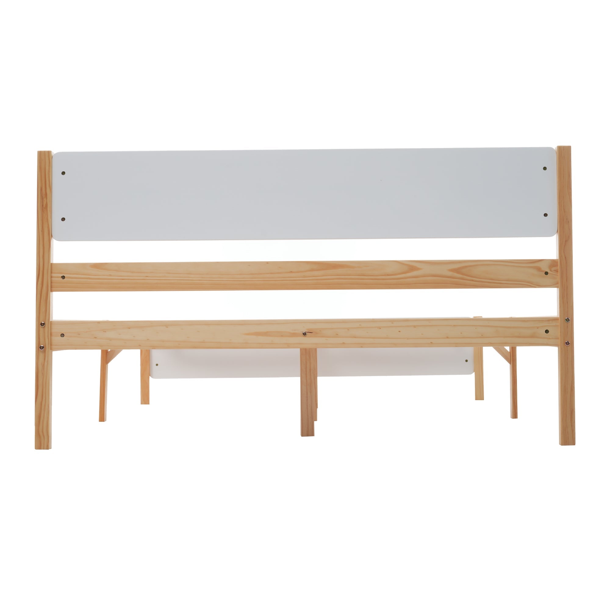 Double bed, wooden pinewood frame with central leg, with MDF headboard and footboard, white + natural, 140x200 cm