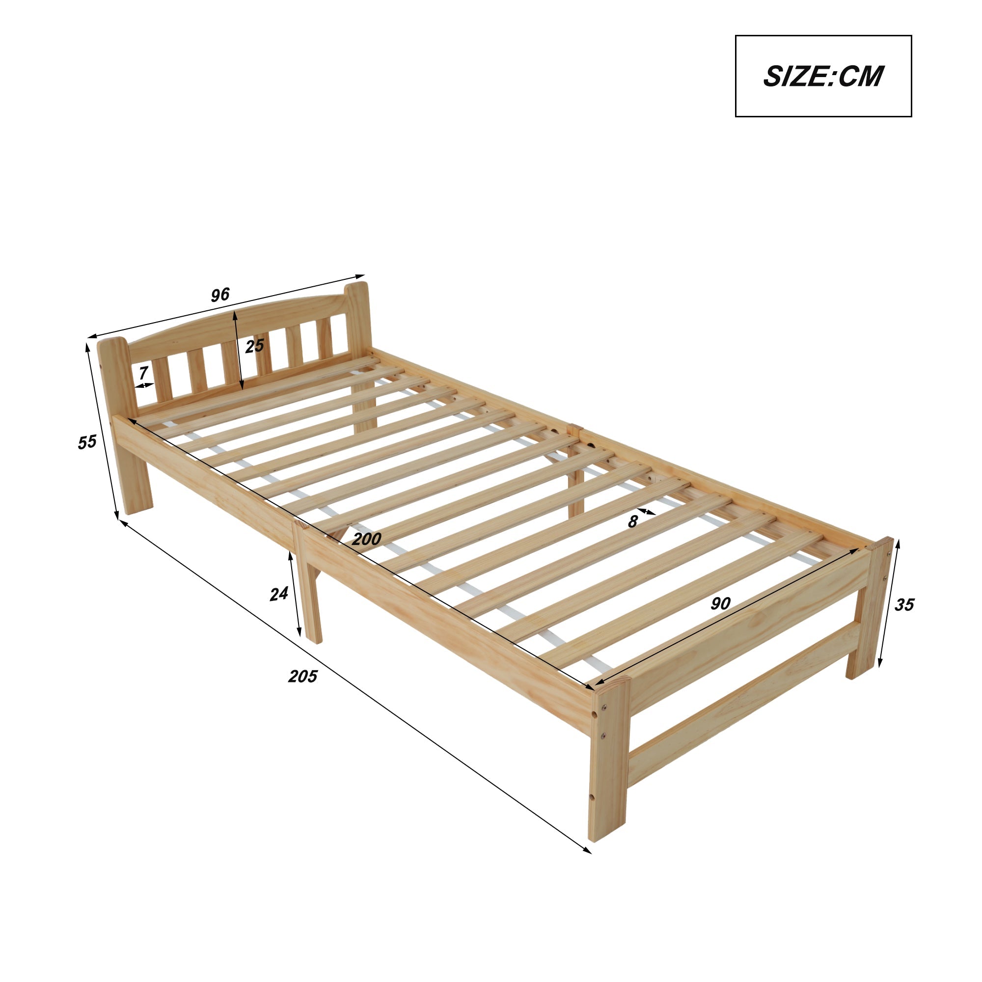 Solid Wood Bed, Futon Single with Headboard & Slats, Natural