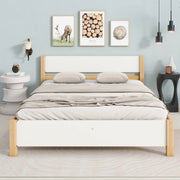 Double bed, wooden pinewood frame with central leg, with MDF headboard and footboard, white + natural, 140x200 cm