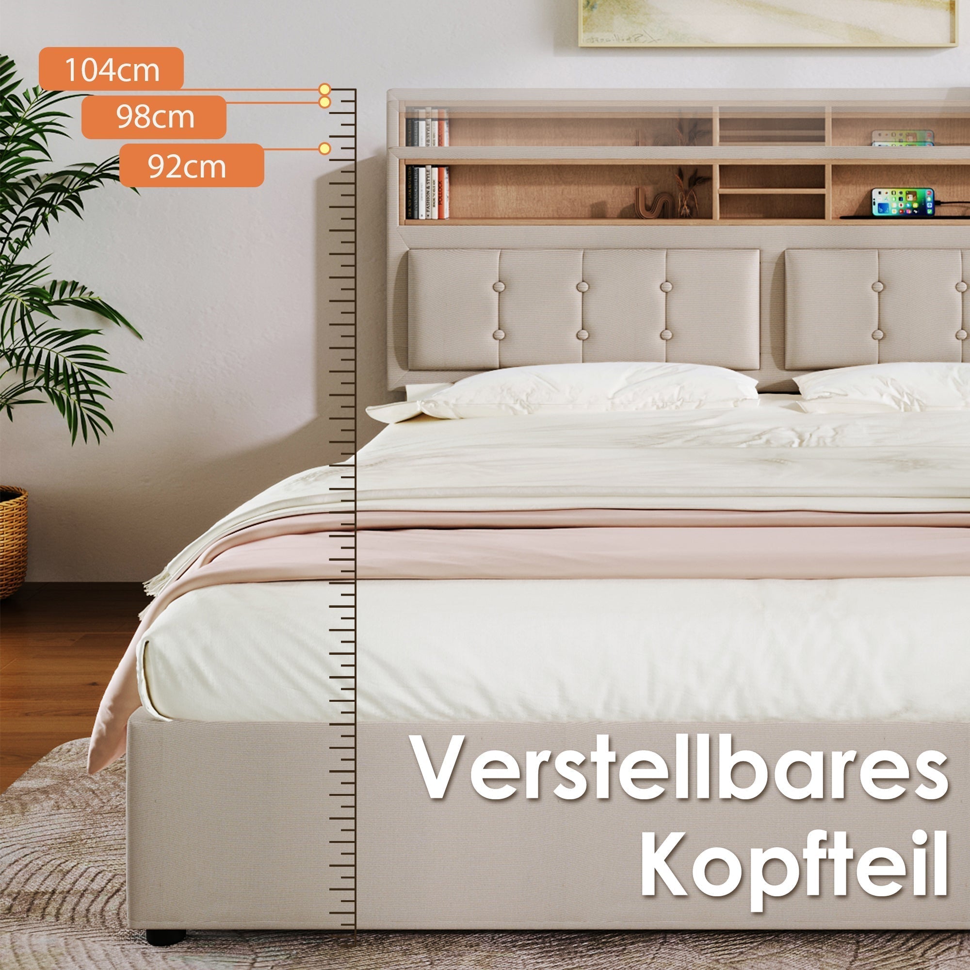 Upholstered Double Bed 140x200 USB-C Charging Storage Linen Material