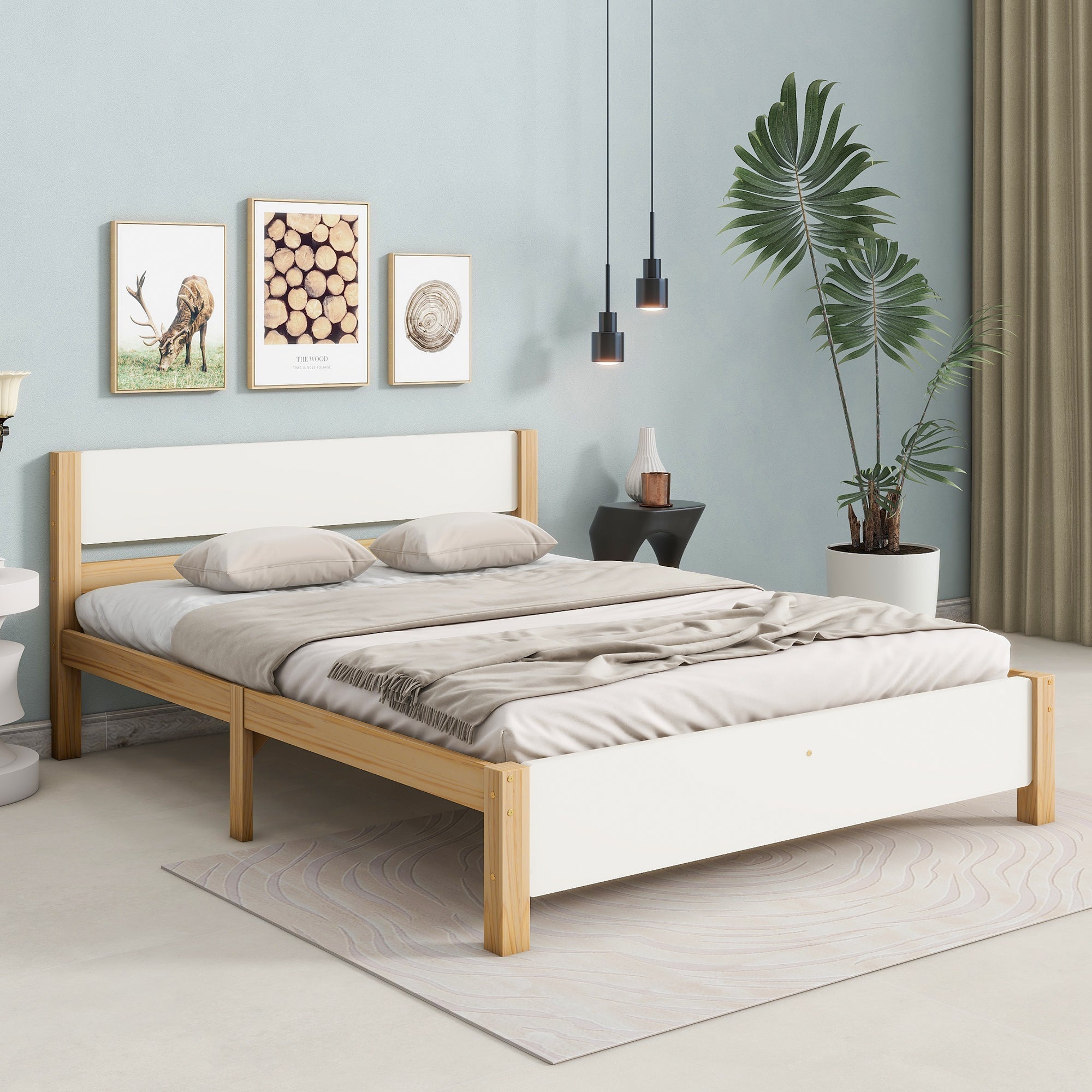 Double bed, wooden pinewood frame with central leg, with MDF headboard and footboard, white + natural, 140x200 cm