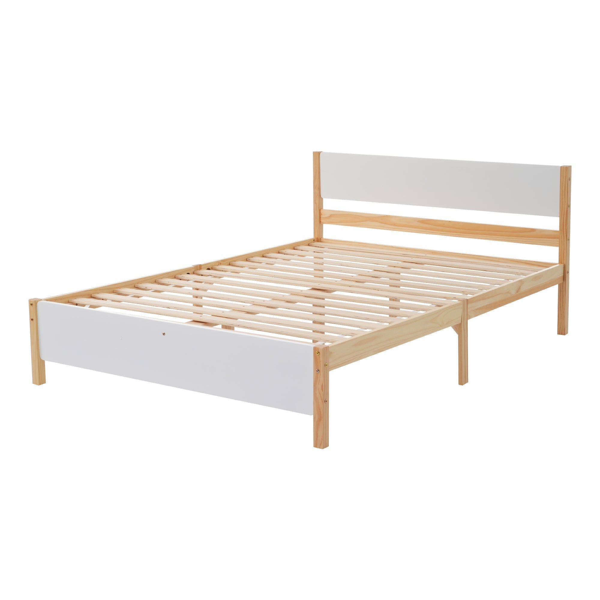 Double bed, wooden pinewood frame with central leg, with MDF headboard and footboard, white + natural, 140x200 cm