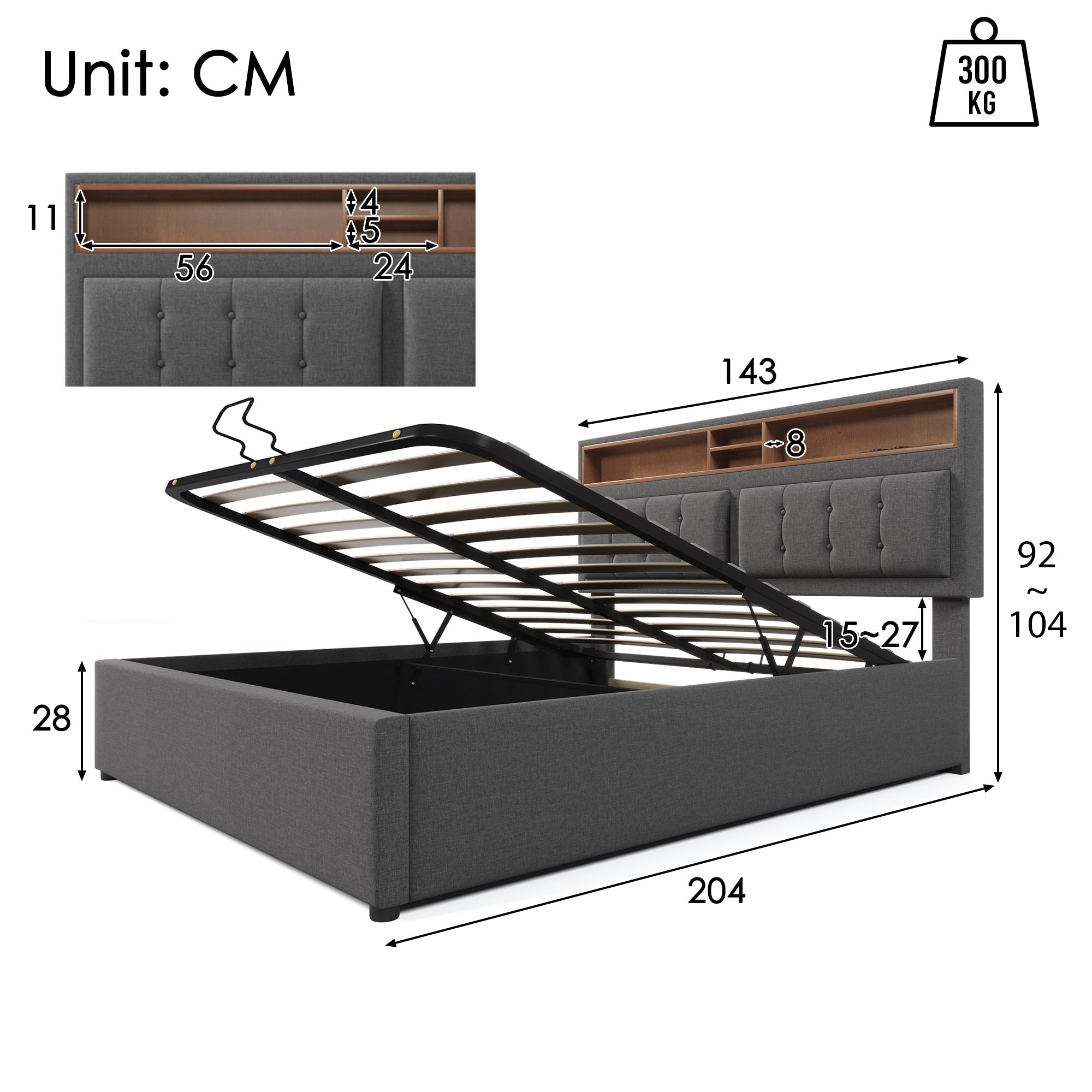 Upholstered Double Bed with USB C, Storage & Slatted Frame, Linen