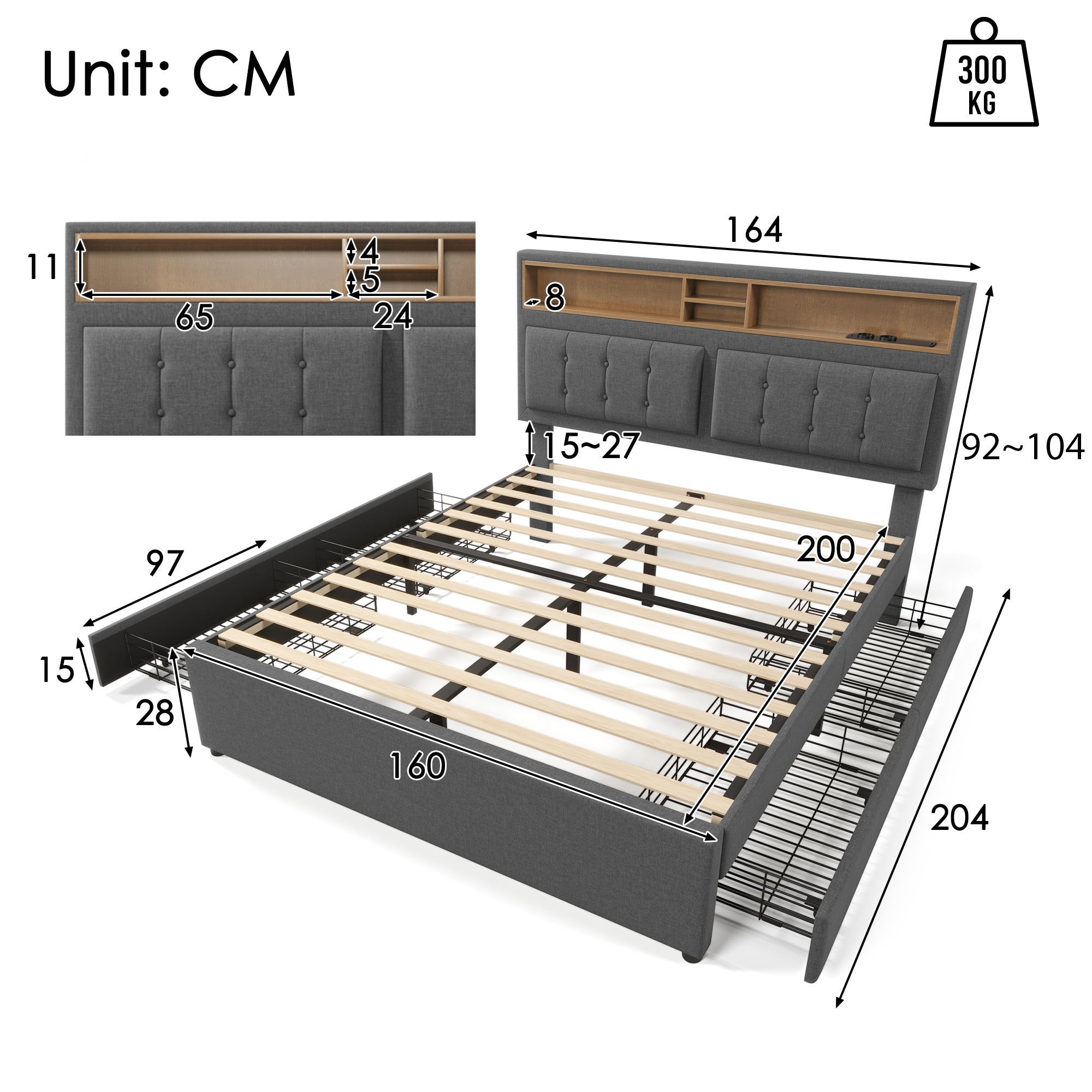 Double Bed, 4 Drawers, USB-C, Adjustable Headboard, Wooden Slats, Upholstered