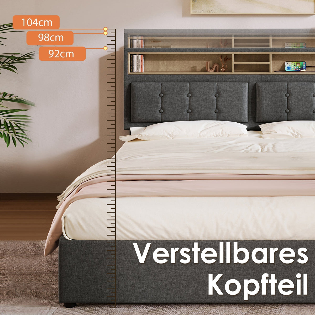 Upholstered Double Bed 160x200 USB-C Headboard Storage Linen Material