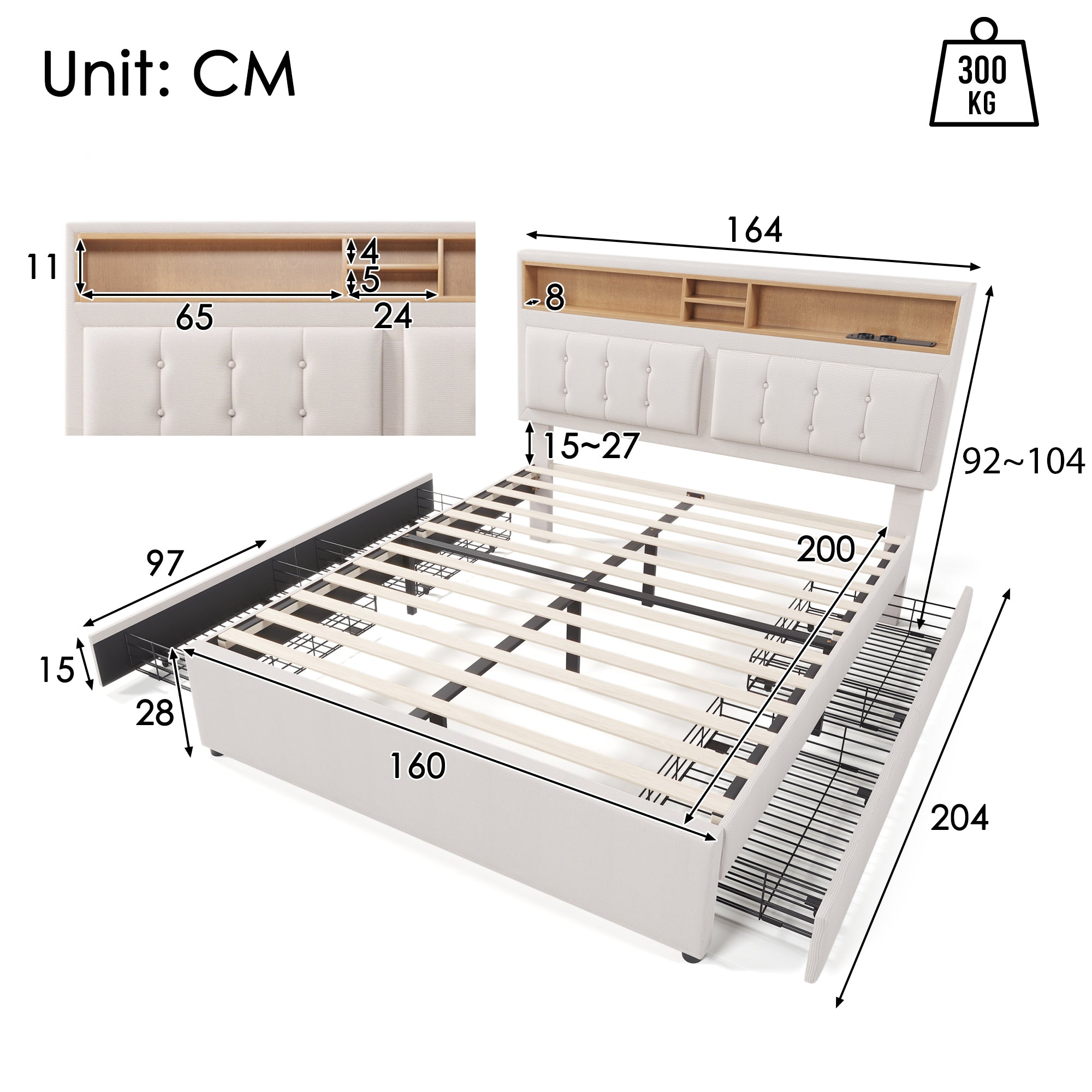 Double Bed with 4 Drawers & USB C Socket, 160x200cm, Adjustable Headboard, Wooden Slatted Frame, Upholstered