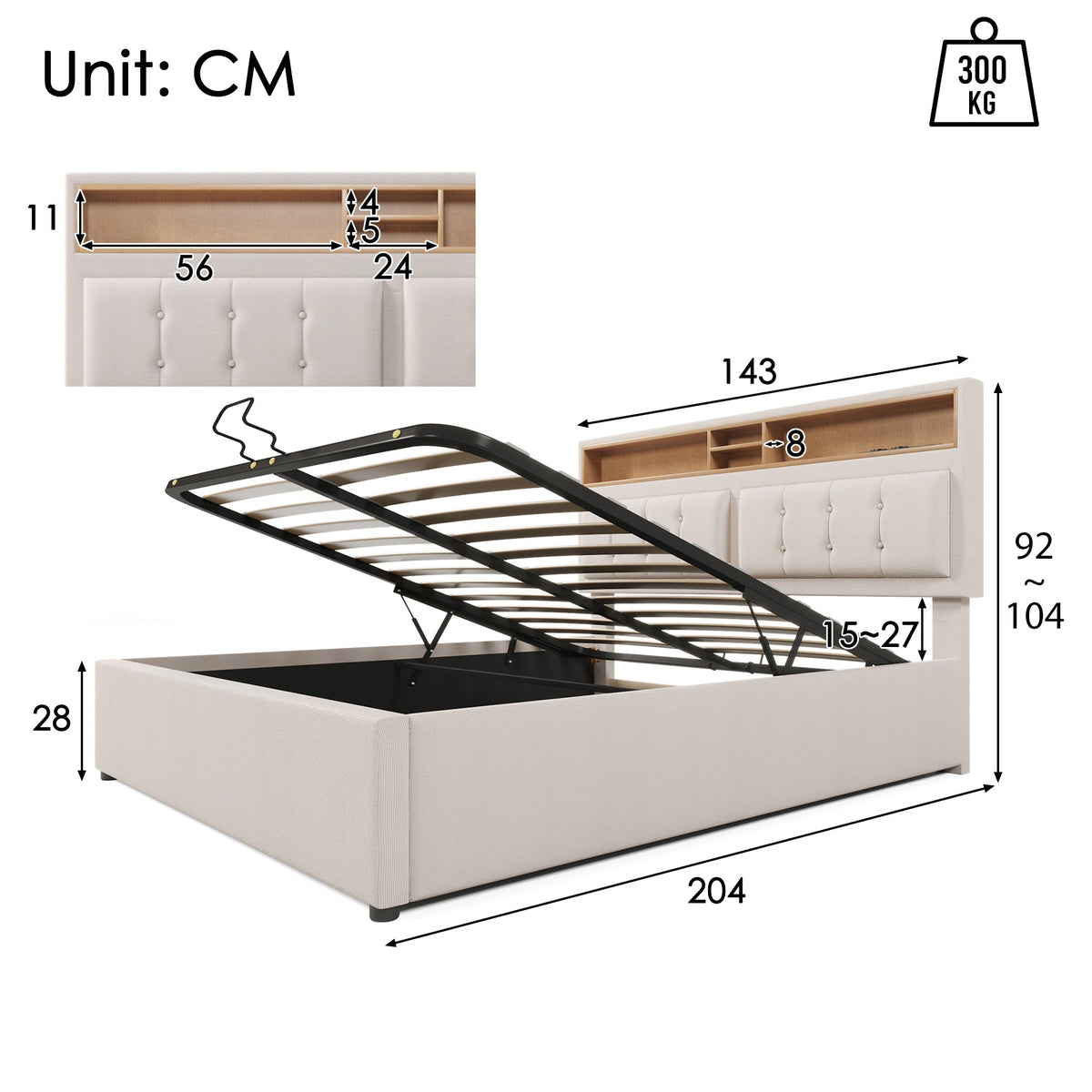 Upholstered Double Bed, USB-C Charging Headboard Storage 140x200, Linen Material