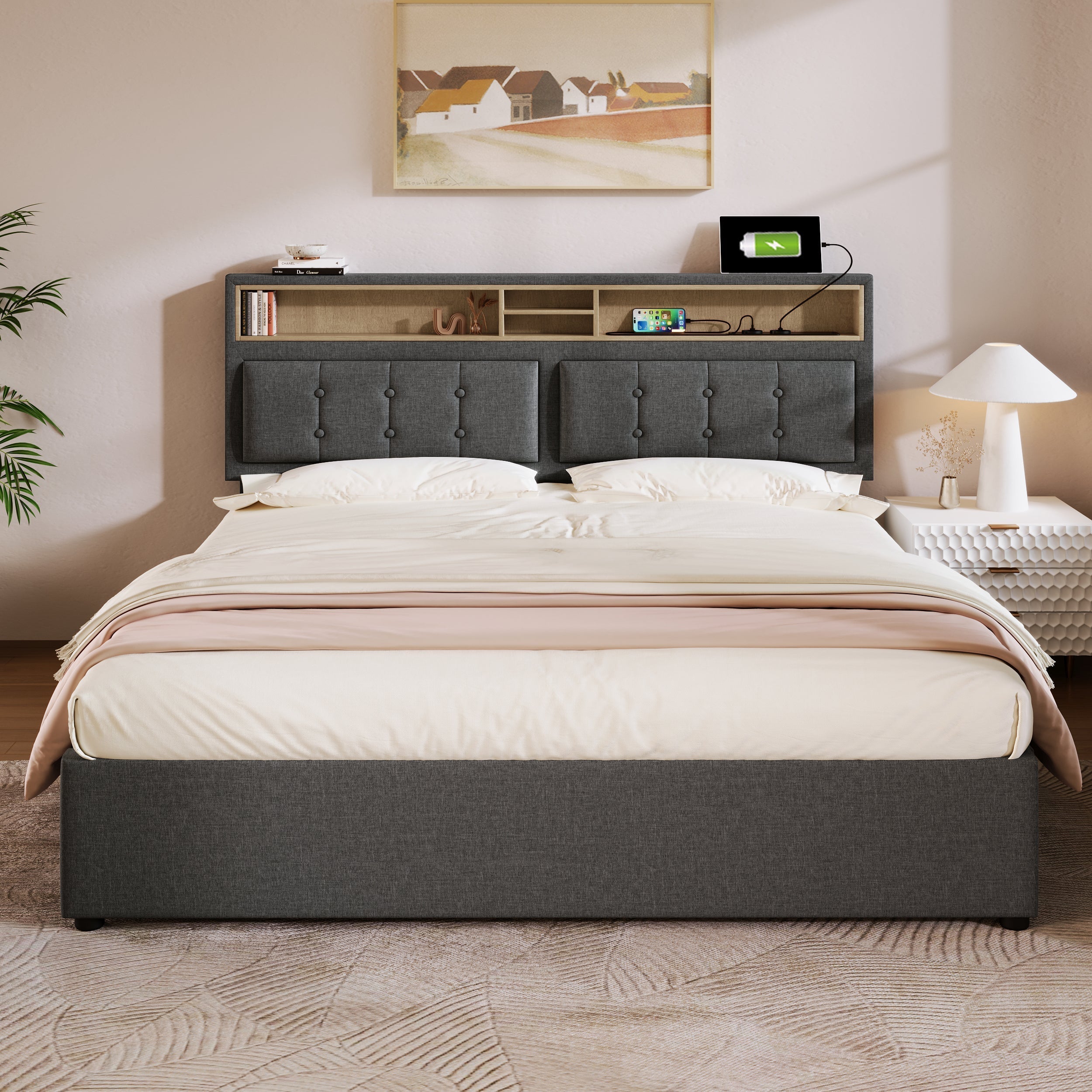 Upholstered Double Bed 160x200 USB-C Headboard Storage Linen Material