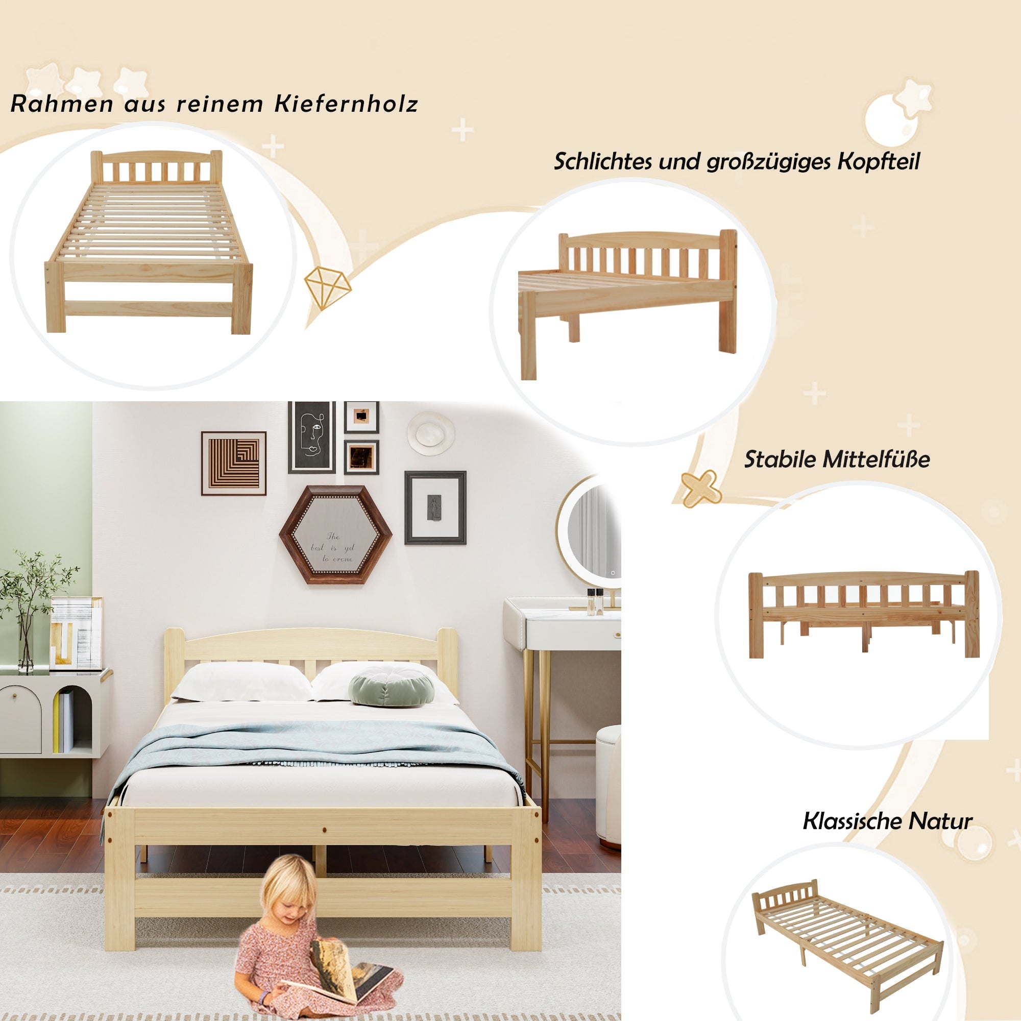 Solid Wood Bed, Futon Single with Headboard & Slats, Natural