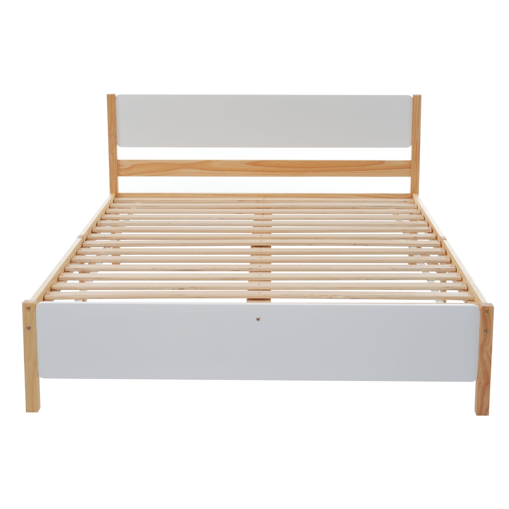 Double bed, wooden pinewood frame with central leg, with MDF headboard and footboard, white + natural, 140x200 cm