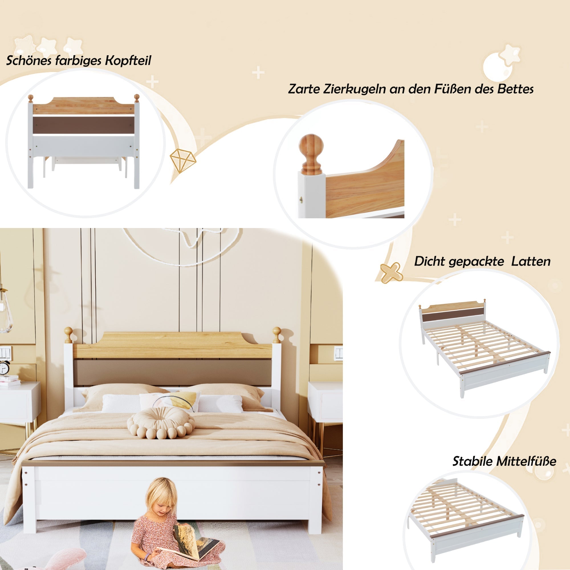 Double Bed, Wooden Pine Frame, MDF Headboard & Footboard, White