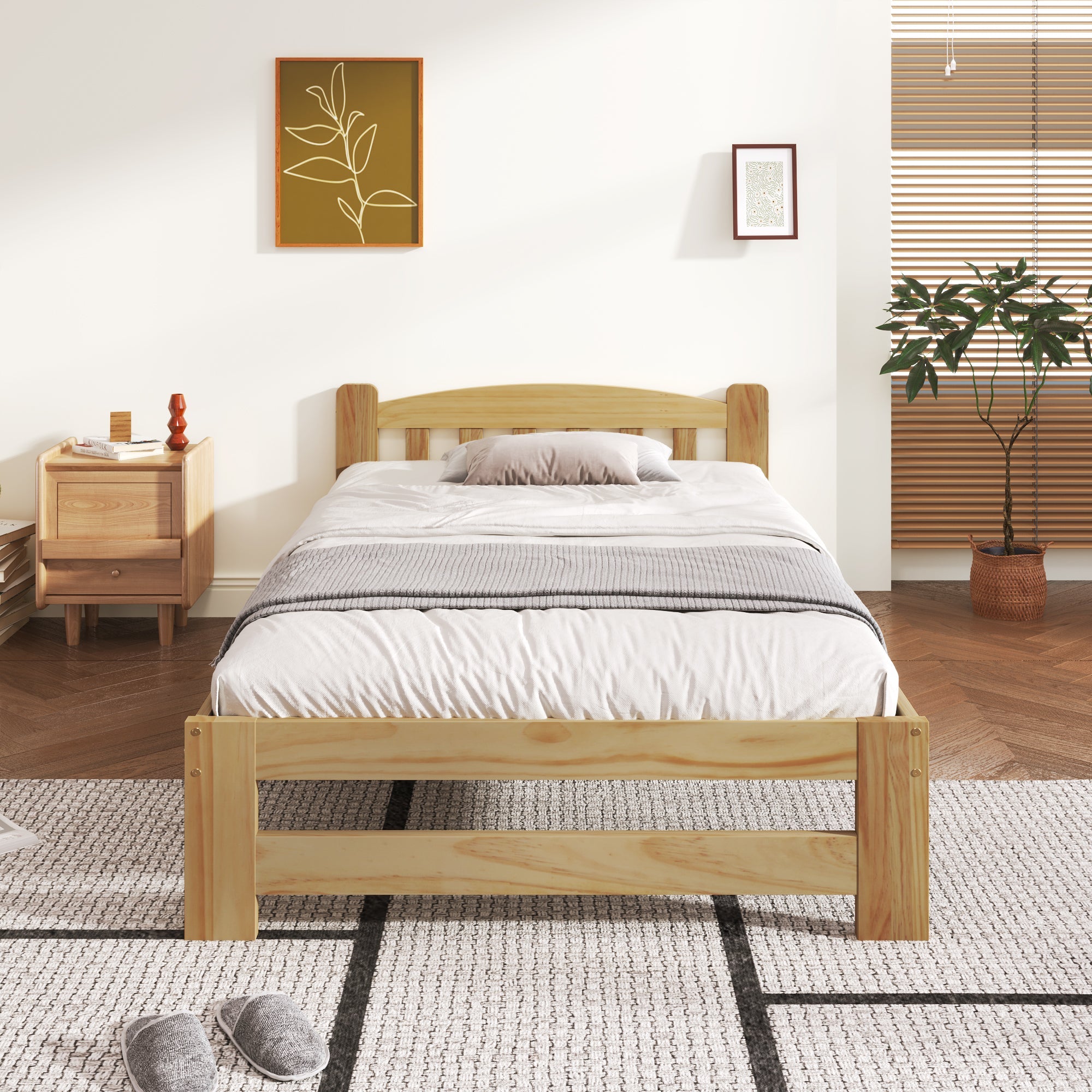 Solid Wood Bed, Futon Single with Headboard & Slats, Natural