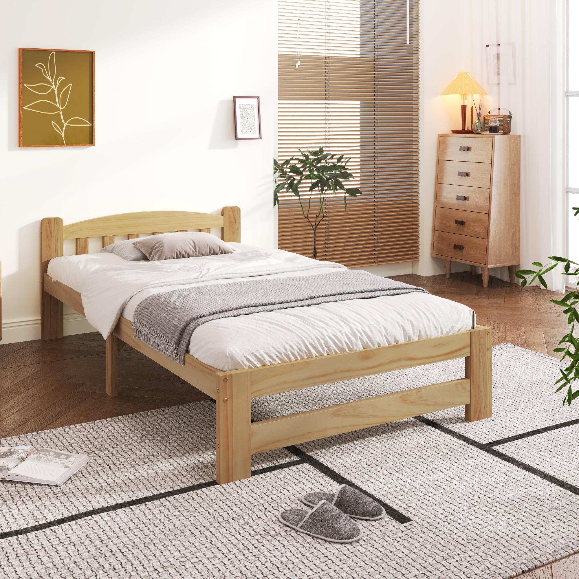 Solid Wood Bed, Futon Single with Headboard & Slats, Natural