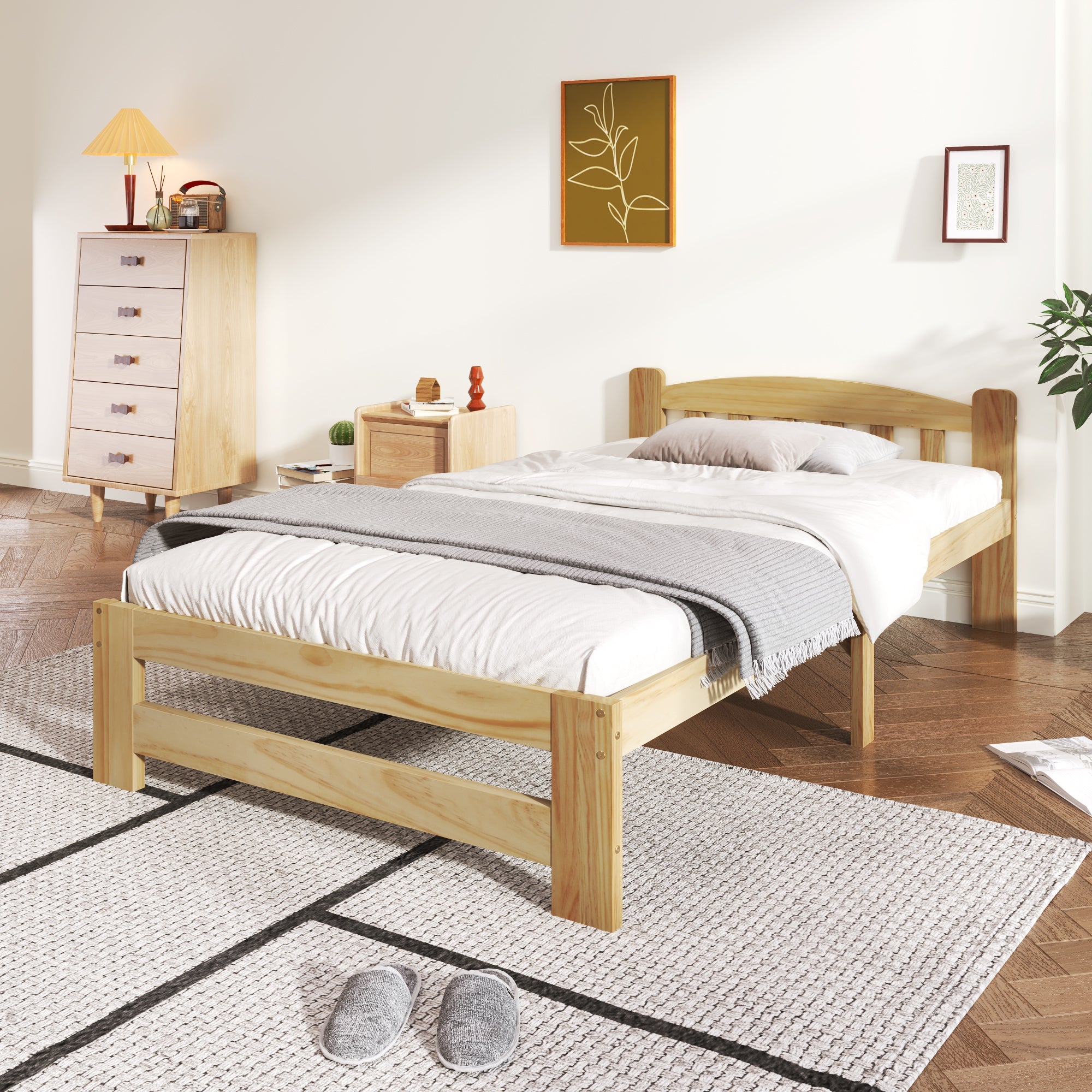 Solid Wood Bed, Futon Single with Headboard & Slats, Natural