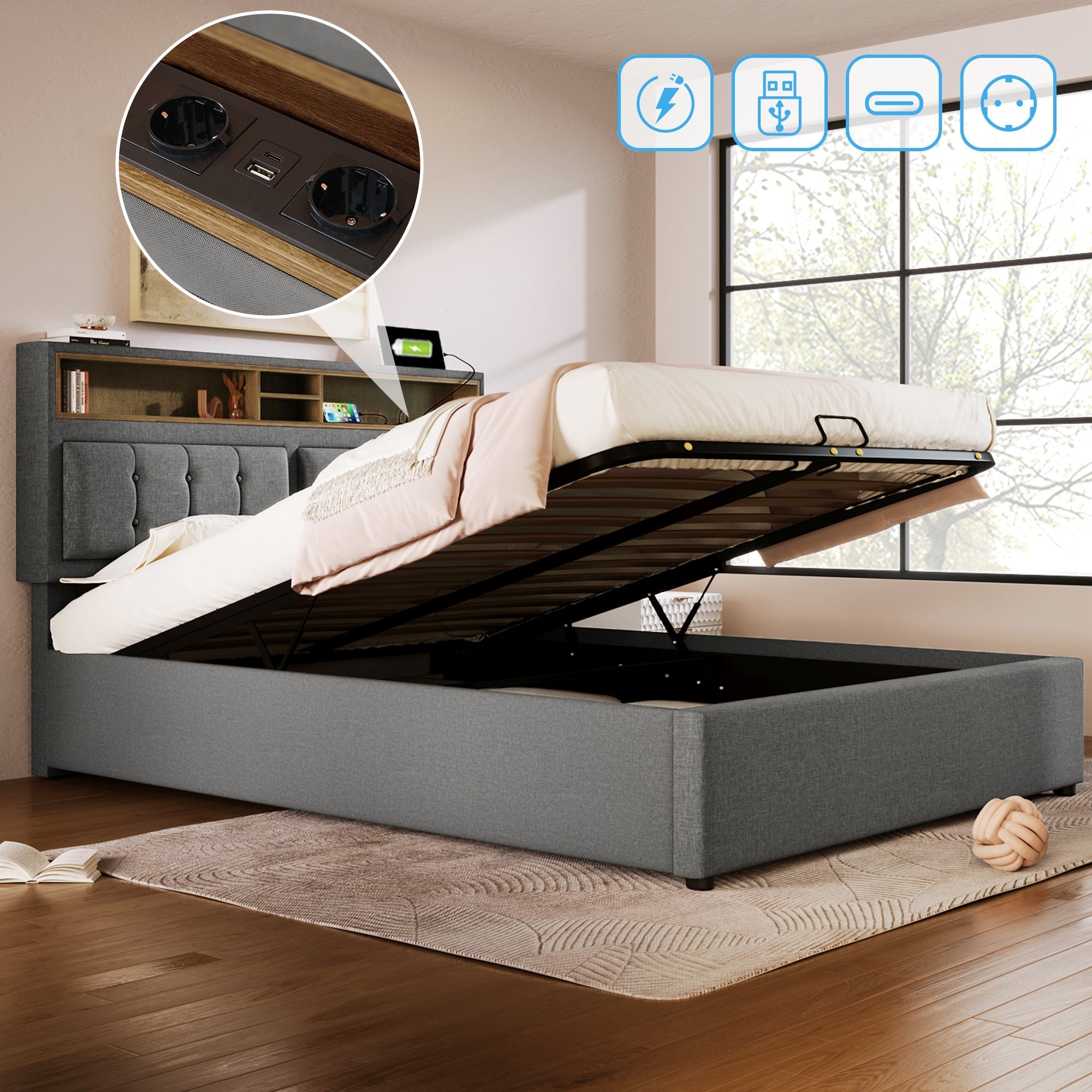 Upholstered Double Bed, USB C Headboard Storage, Linen