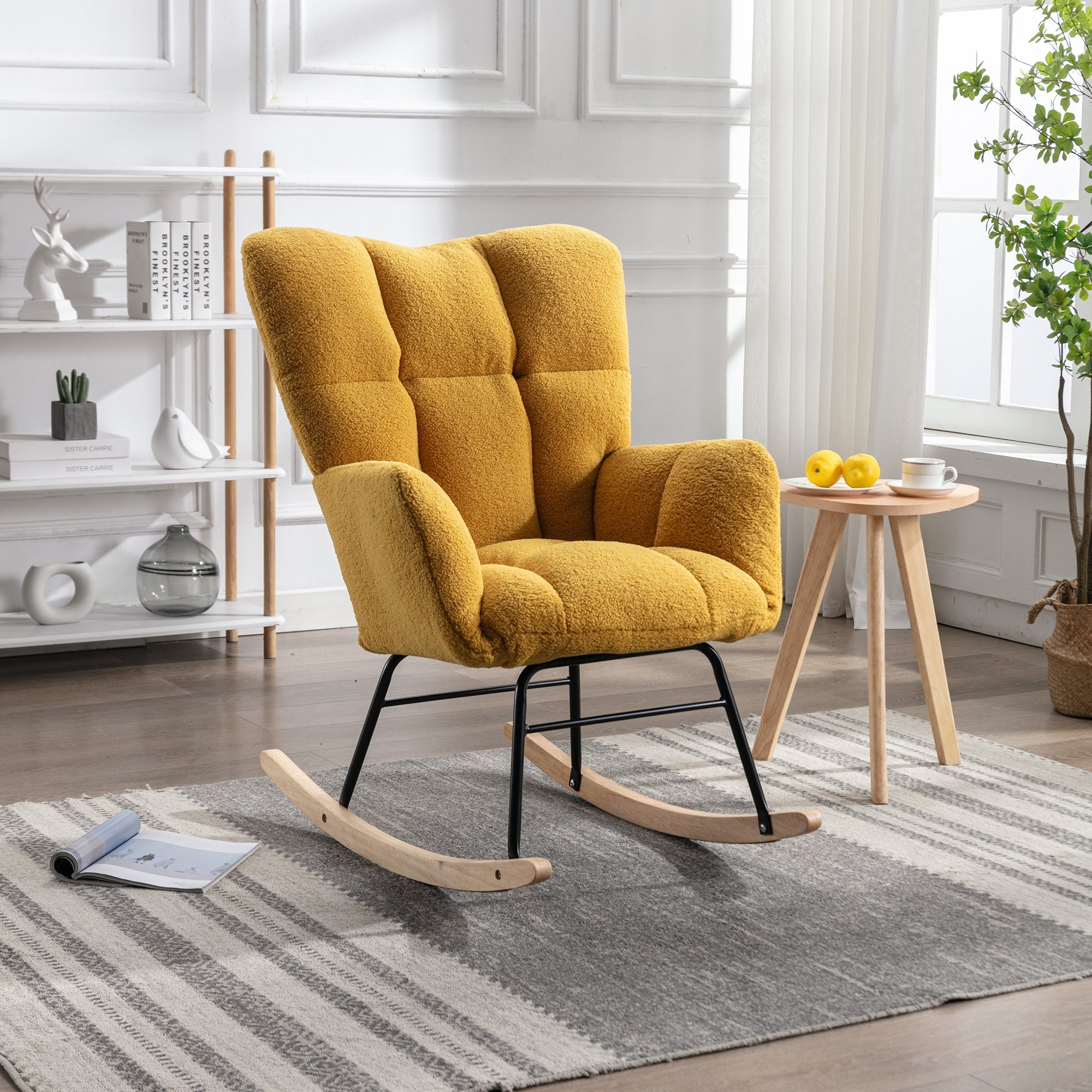 Mid Century Modern Rocking Chair with Tufted Cover, Padded Seat, Teddy Fabric, Yellow