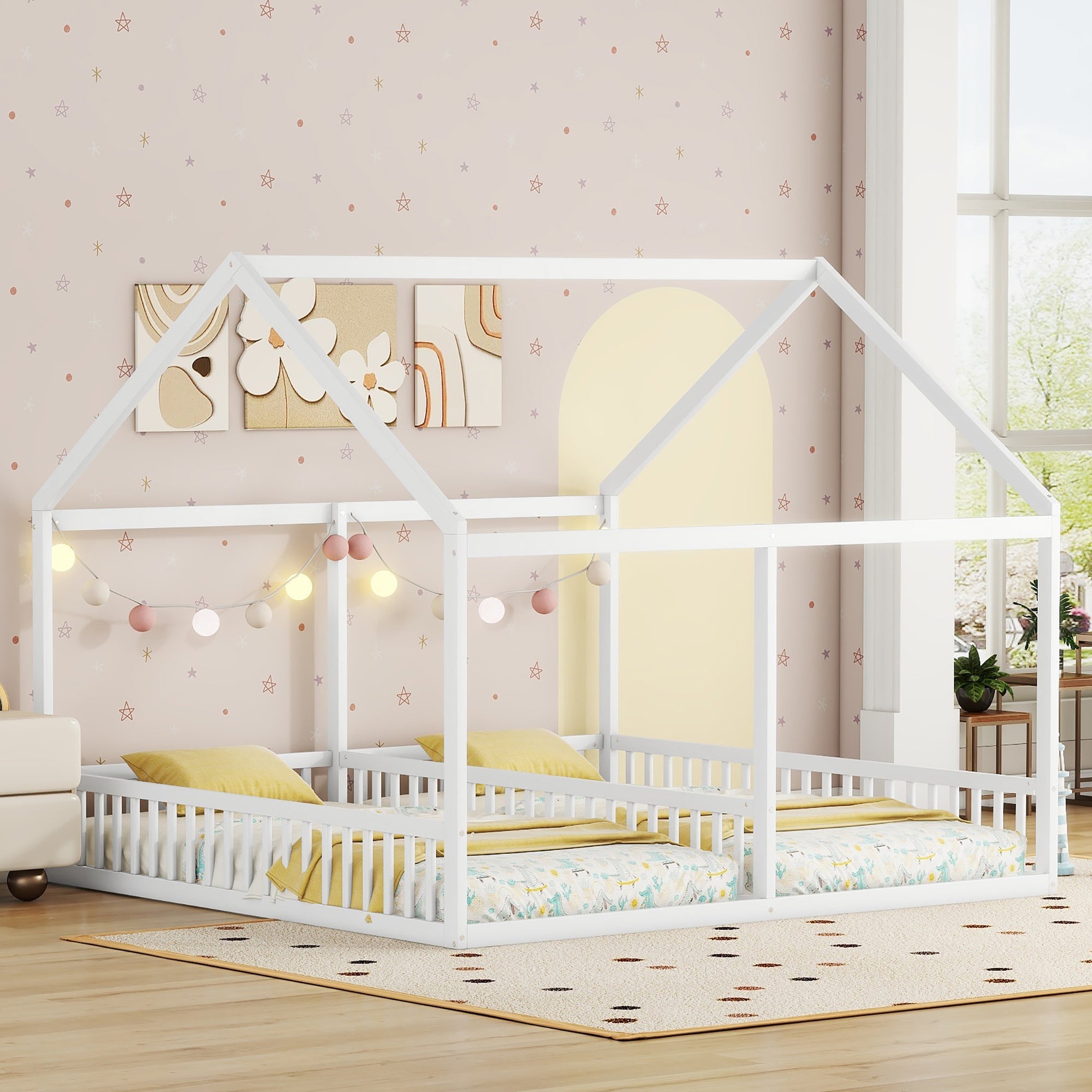2-in-1 House Bed, 90x200cm Single Flat Bed, White
