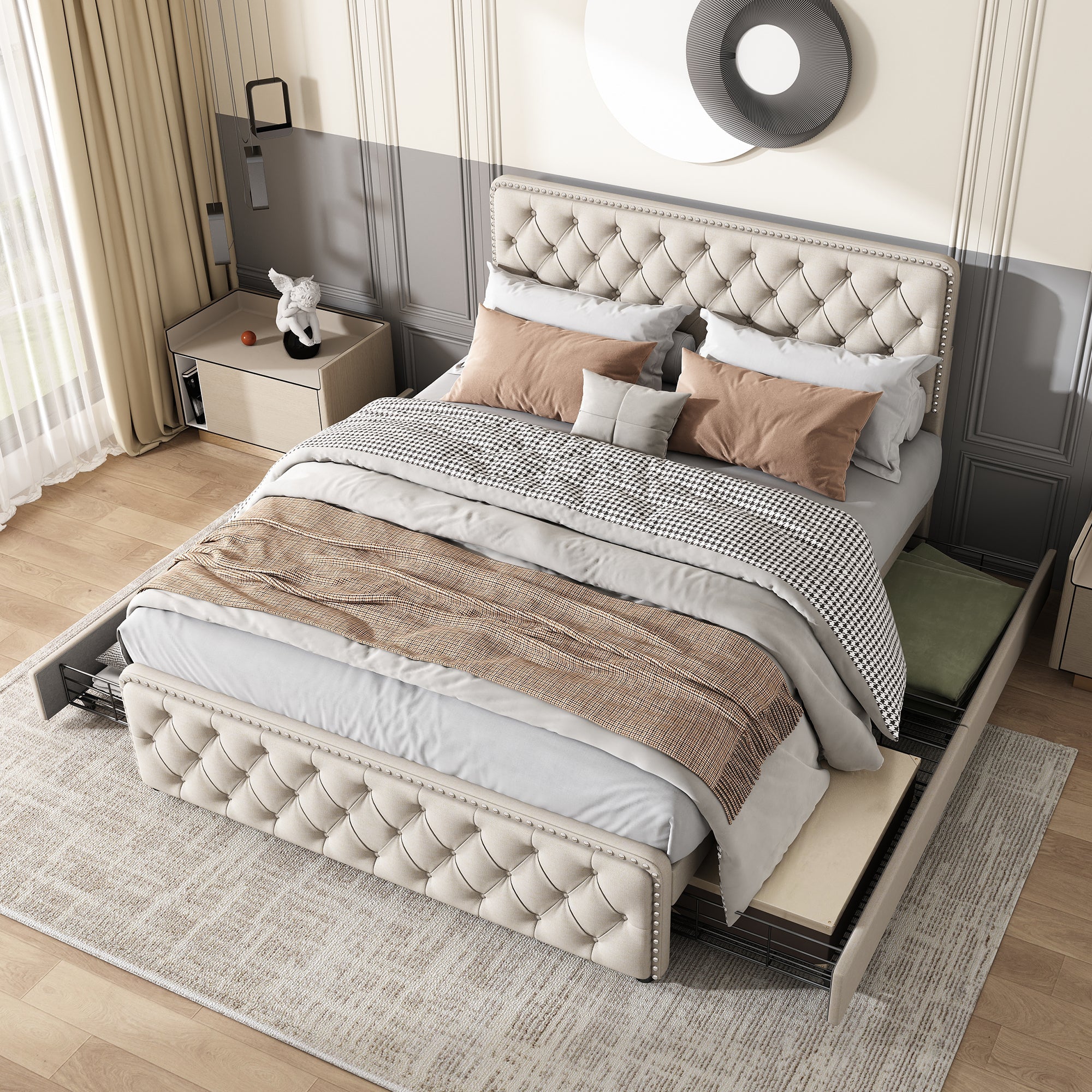 Upholstered Bed with Four Drawers and Adjustable Headboard, 140x200cm, Beige Linen
