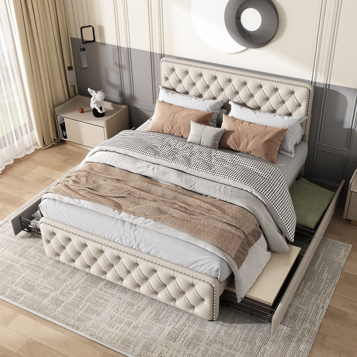 Upholstered Bed with Four Drawers and Adjustable Headboard, 140x200cm, Beige Linen